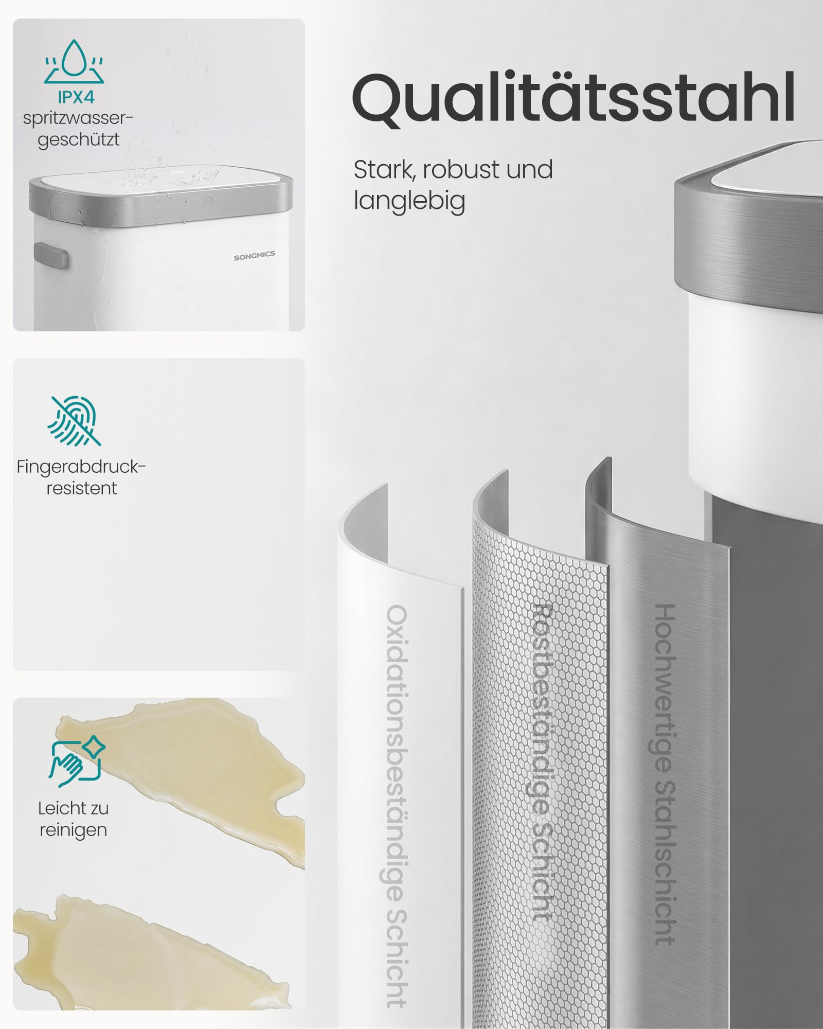 SONGMICS Mülleimer mit Sensor, automatischer Abfalleimer 50 L, Öffnen per Handbewegung oder Berühren, Softclose-Deckel, Stahl, inkl. 15 Müllbeutel, weiß LTB640WZ02