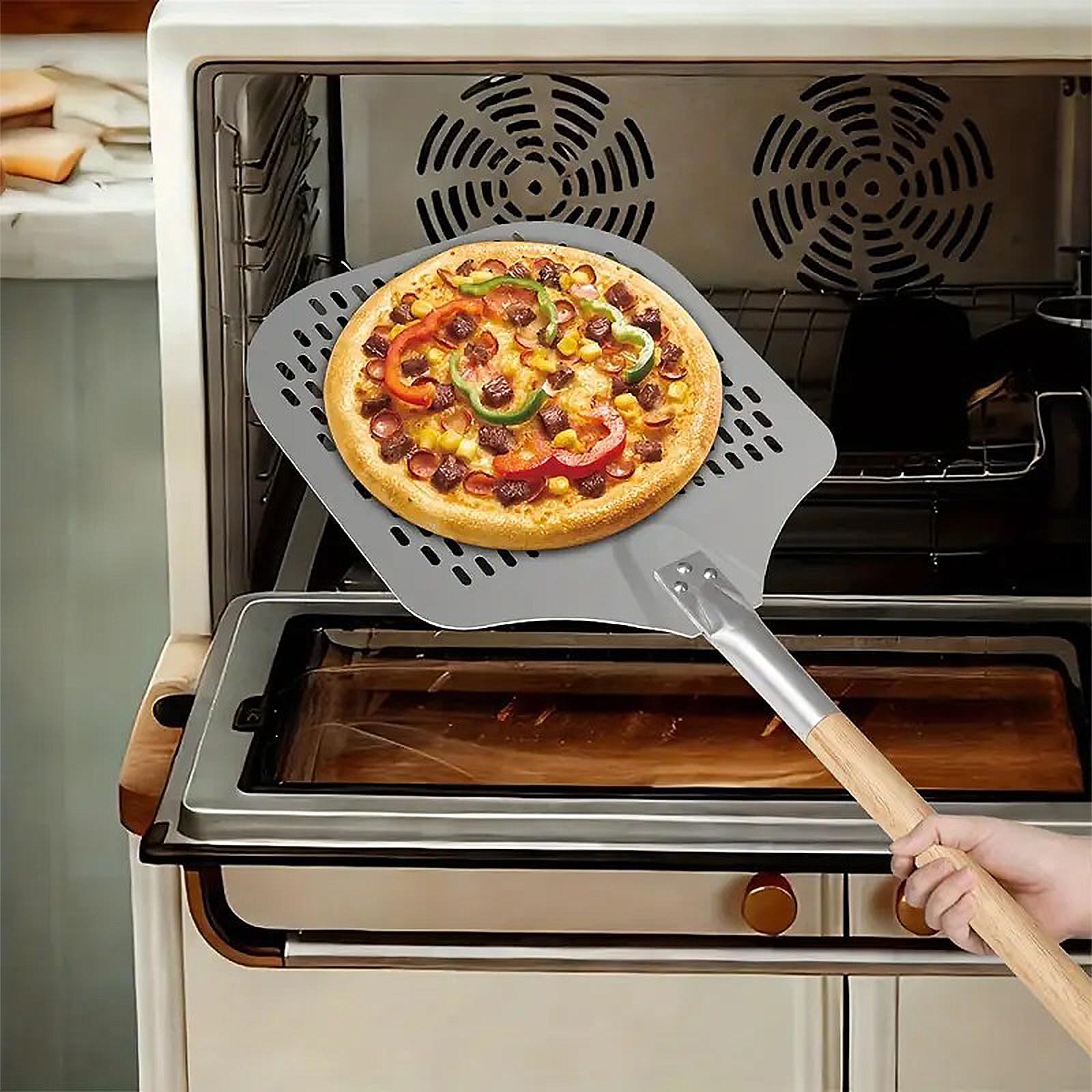 Perforada Pala Pizza 12 Pulgadas Aluminio Antiadherente Pala Para Pizza con Mango de Madera Desmontable Ideal Para Hornear Pizza y Pan
