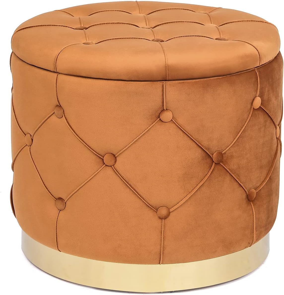 Adeco Round Storage Ottoman, Velvet Button Tufted Upholstered Bench with Removable Lid, Coffee Table Footrest Stool Seat for Living Room Bedroom Entryway (Orange)