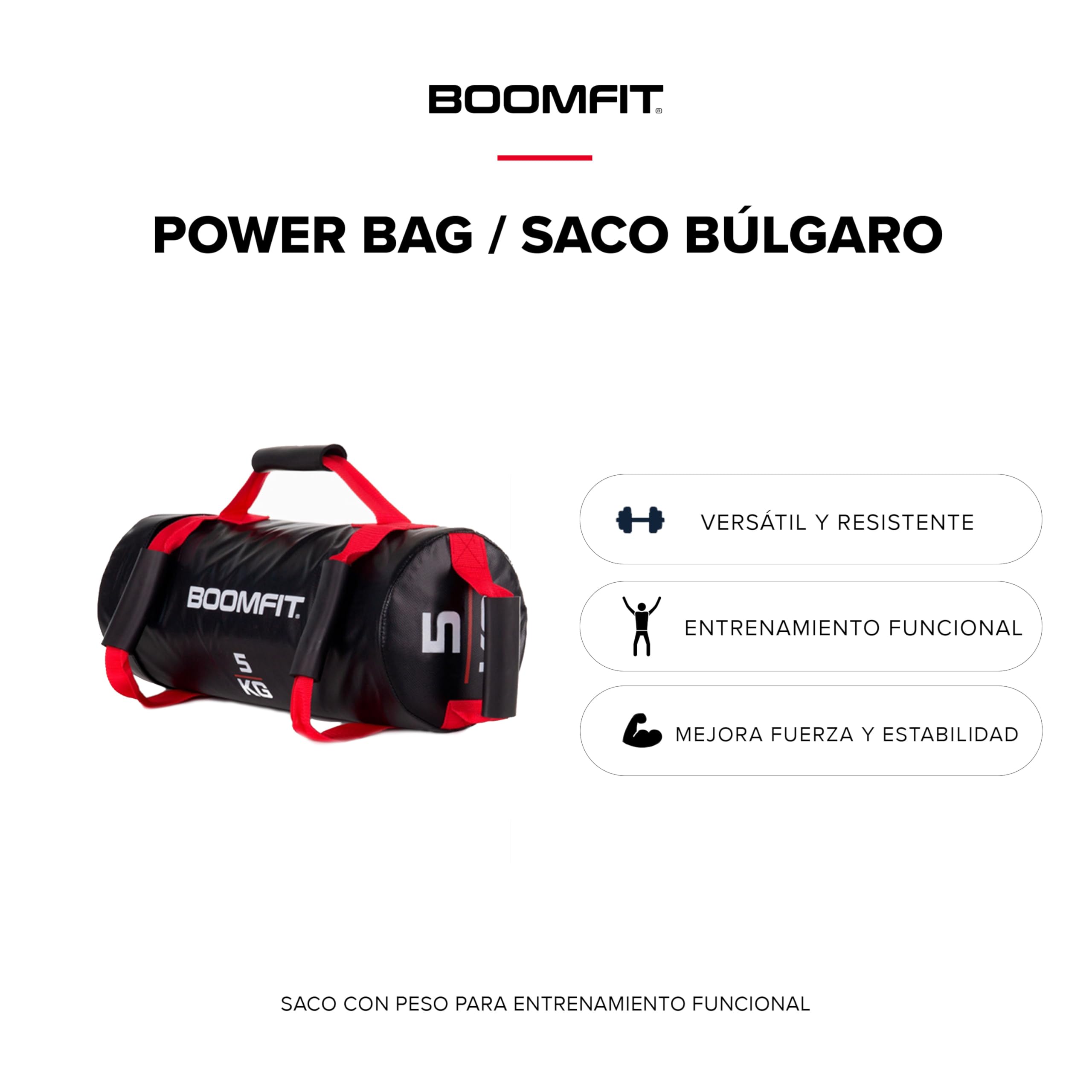 BOOMFIT Sac Lesté 5-30kg Musculation Crossfit | Sandbag avec 4 Poignées et Sable Stable | Force Fonctionnelle et Core pour HIIT et WOD | Matériel Fitness pour Sportifs et Home Gym