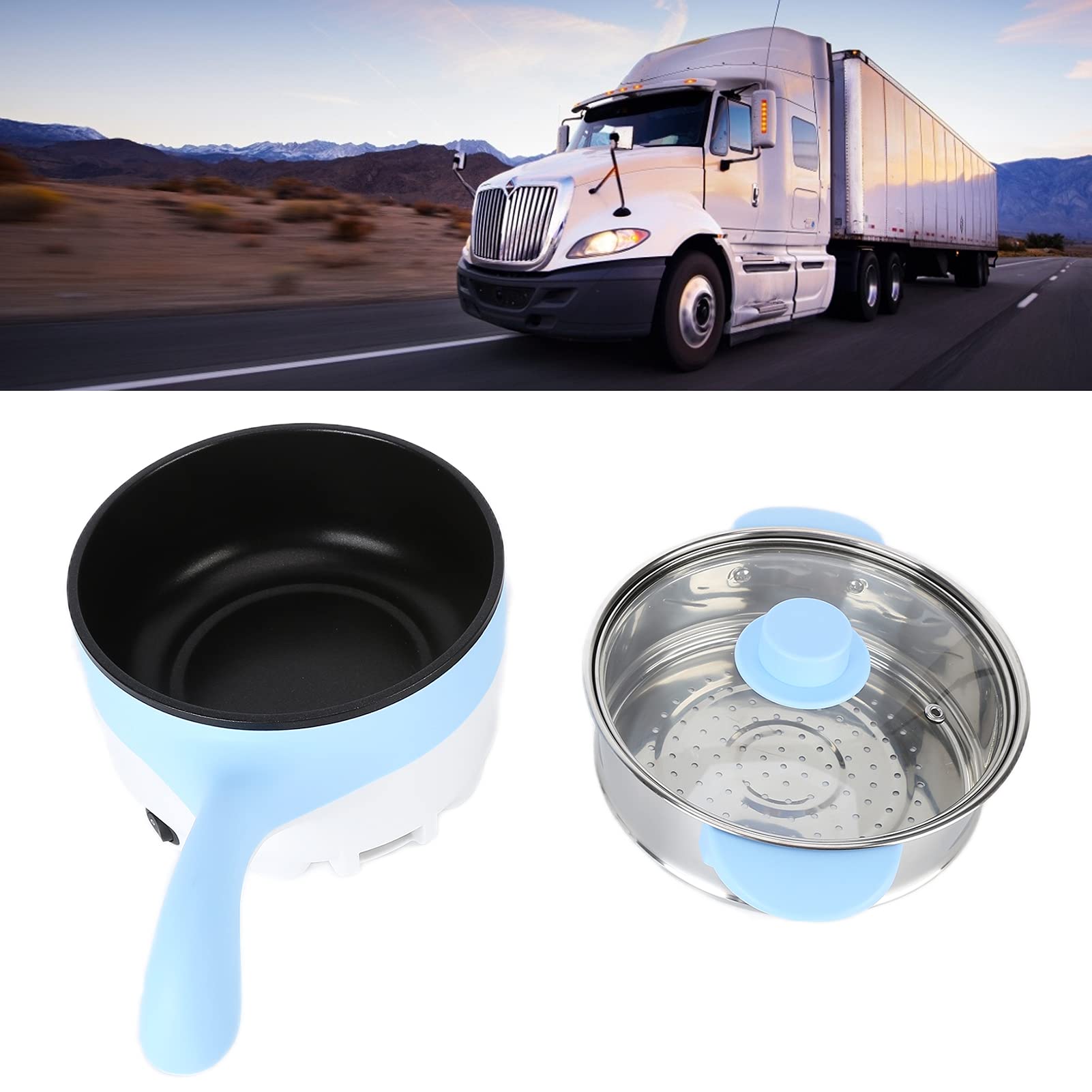 Fdit Marmite électrique de Voiture 24V 2L, Acier Inoxydable, Antiadhésive, Cuisinière Multifonction avec Cuiseur Vapeur pour Camion de Véhicule (Poêle électrique 24V 2 litres Bleu Ciel)