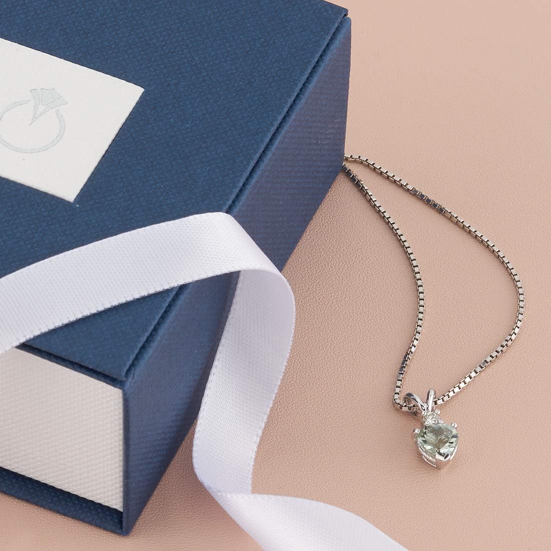 PEORA Green Amethyst with Genuine Diamond Pendant in 14 Karat White Gold, Heart Shape Solitaire, 6mm, 100% Natural & Real, Sparkling Green Amethyst Necklace, w/Jewelry Box