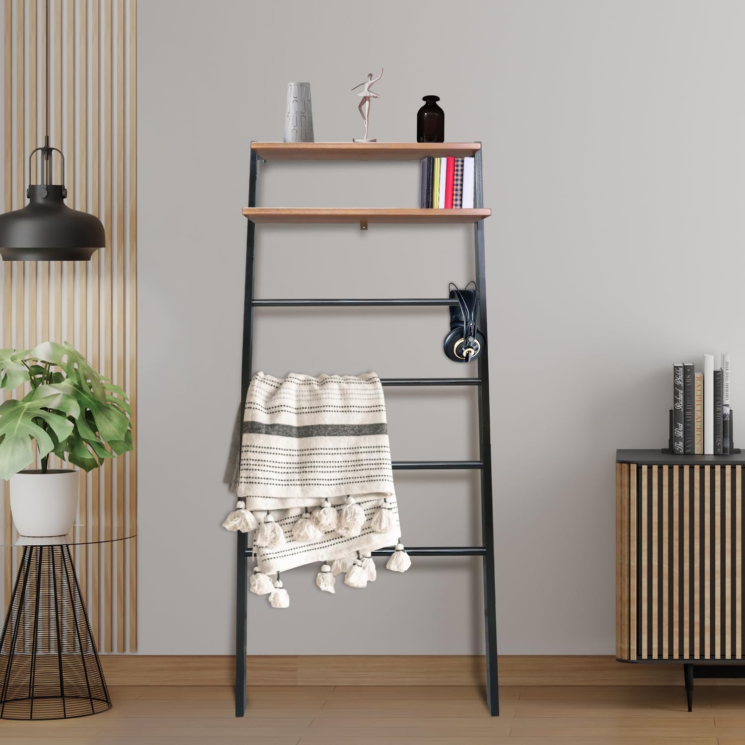 Space Saving 100% Solid Wood 6-Tier Blanket Ladder with Two Storage Shelves - Black/Sweet Oak