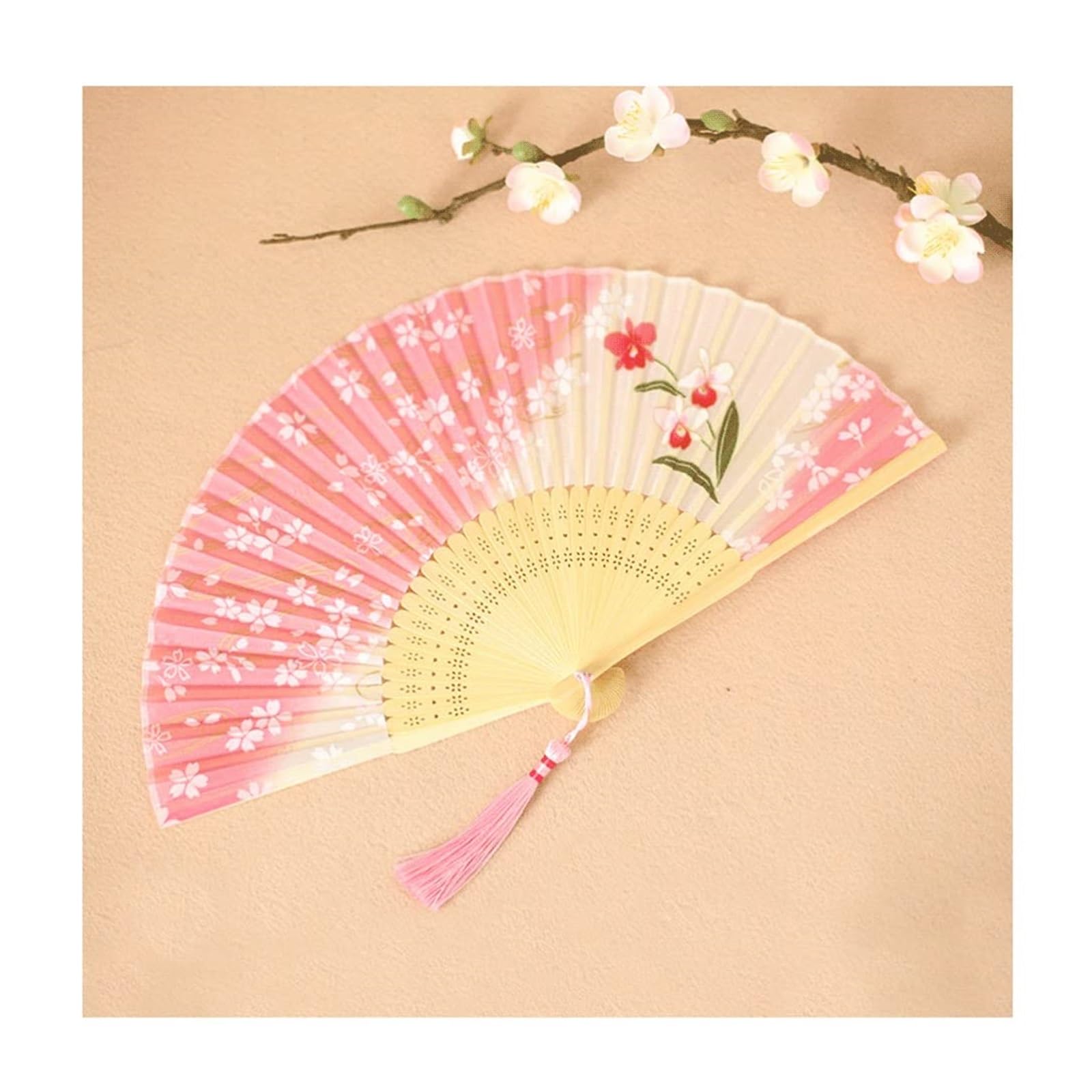 Folding Fans Silk Handheld Floral Hand Held Pink Folded Fan With Tassel Wedding Party Gift (pink B) D One Size)