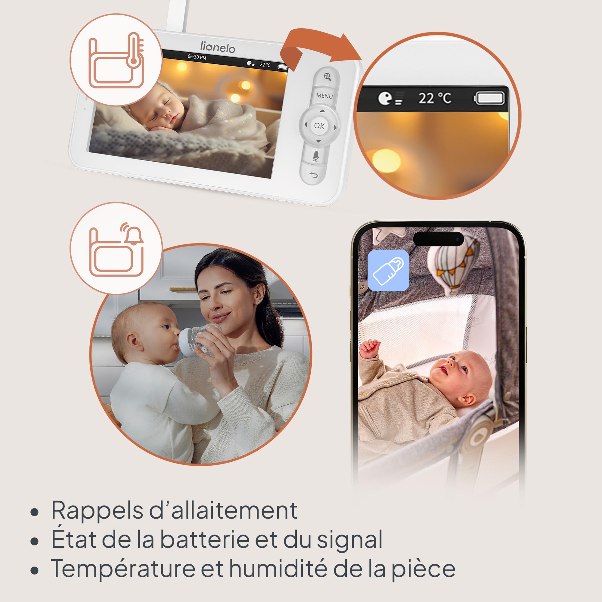 Lionelo Babyline 9.2 AI – Babyphone avec caméra 2K et Moniteur 5 ″, Wi-FI Double Bande, détection IA des vins et Couvre-Chef, Suivi des mouvements, capteur de température et d'humidité, Vision
