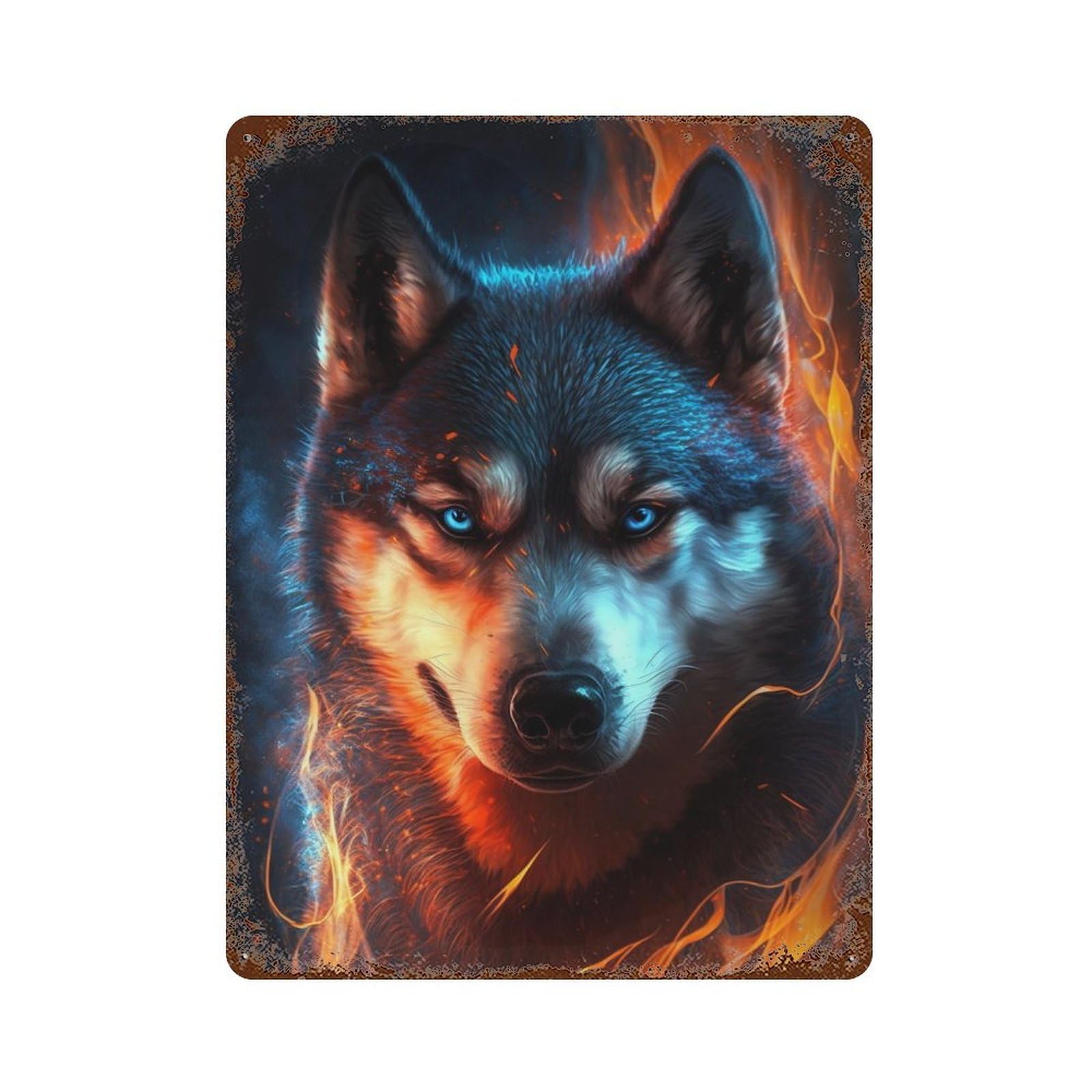 Flaming Wolf Art Print-5 Rustic Tin Plaque 15.7"x11.8", Industrial Home Decor for Pub, Kitchen And Man Cave Decor