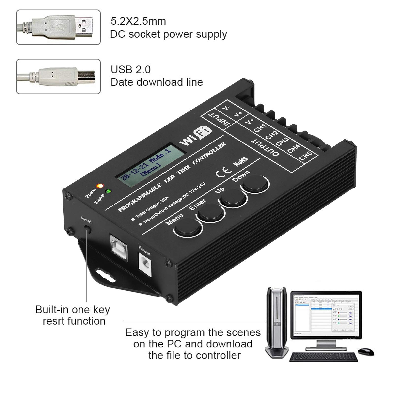 Ejoyous Kontroler Oświetlenia LED Aluminiowy Programowalny Wyłącznik Czasowy 5-kanałowy DC12–24 V WiFi Konfiguracja USB Możliwość Przyciemniania Lampy RGBW RGB Przełącznik Czasowy Lampy do Oświetlenia