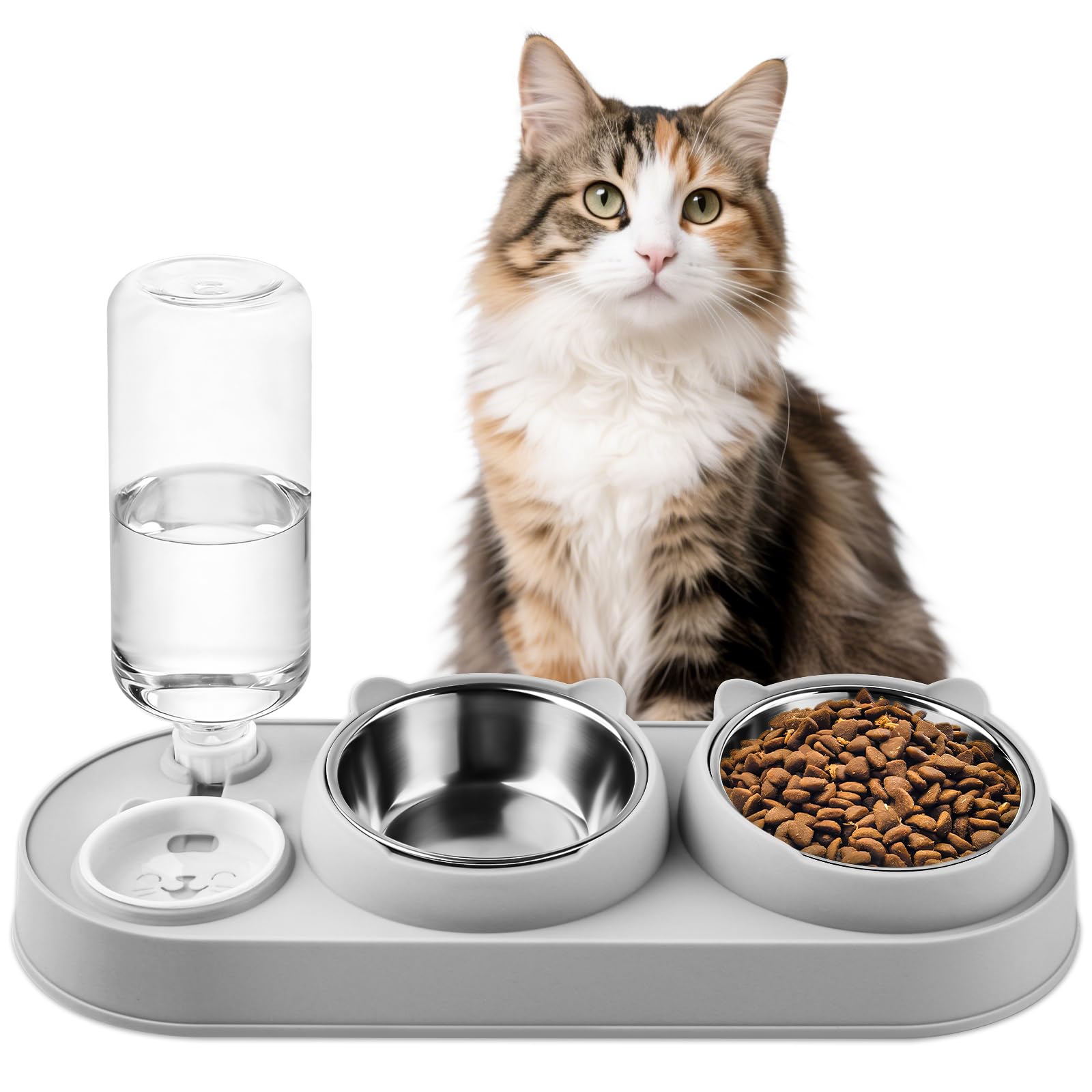 MOXYOY 3 in 1 Cat Bowl, Raised Cat Food And Water Bowl Set with Water Dispenser, Stainless Steel Bowls with Stand Tilted 15°, Non-Slip Kitten Feeding Bowls For Cats & Dogs (Grey)