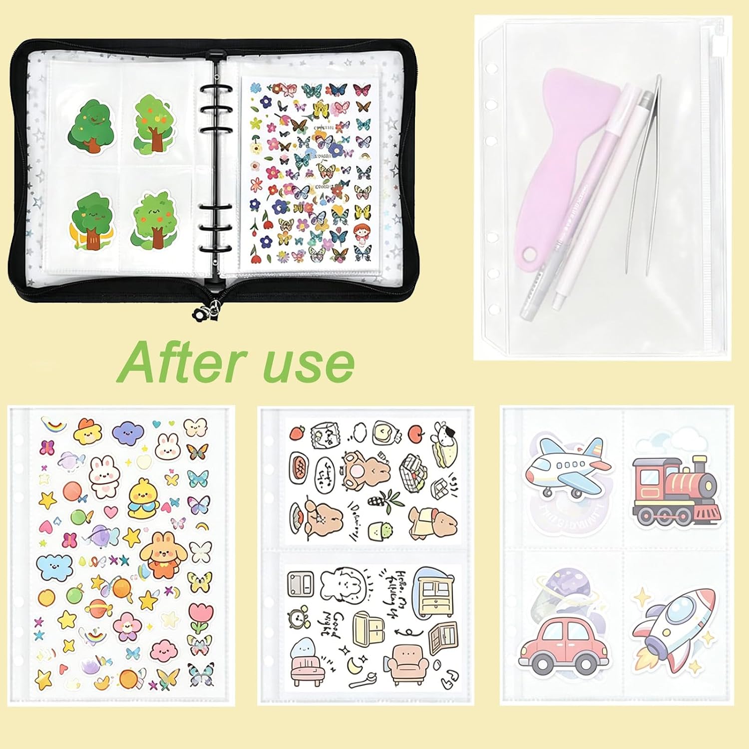 5-in-1 Sticker Organizer Book A5 Storage Binder with 30pcs Clear Sticker Binder(140 Pockets),10pcs Release Paper,1pc Zipper Album Collecting Bag,Black