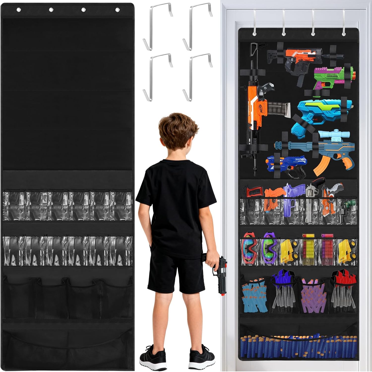 Over the Door Organizer for Toy Guns, Hanging Storage with Pockets and Adjustable Straps for Foam Blasters, Darts, Goggles & Accessories, Door Mount Organizer for Playrooms and Game Rooms