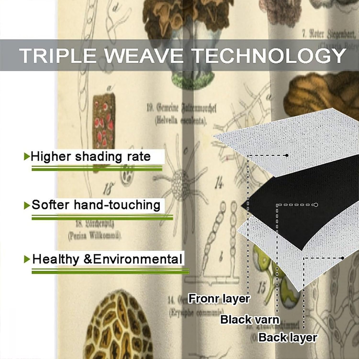 Mushroom Blackout Curtain Vintage Boho Forest Nature Wild Plant Window Curtains Rod Pocket Drapes for Living Room Kitchen Dining Room Cafe Bedroom Office 42x45 in