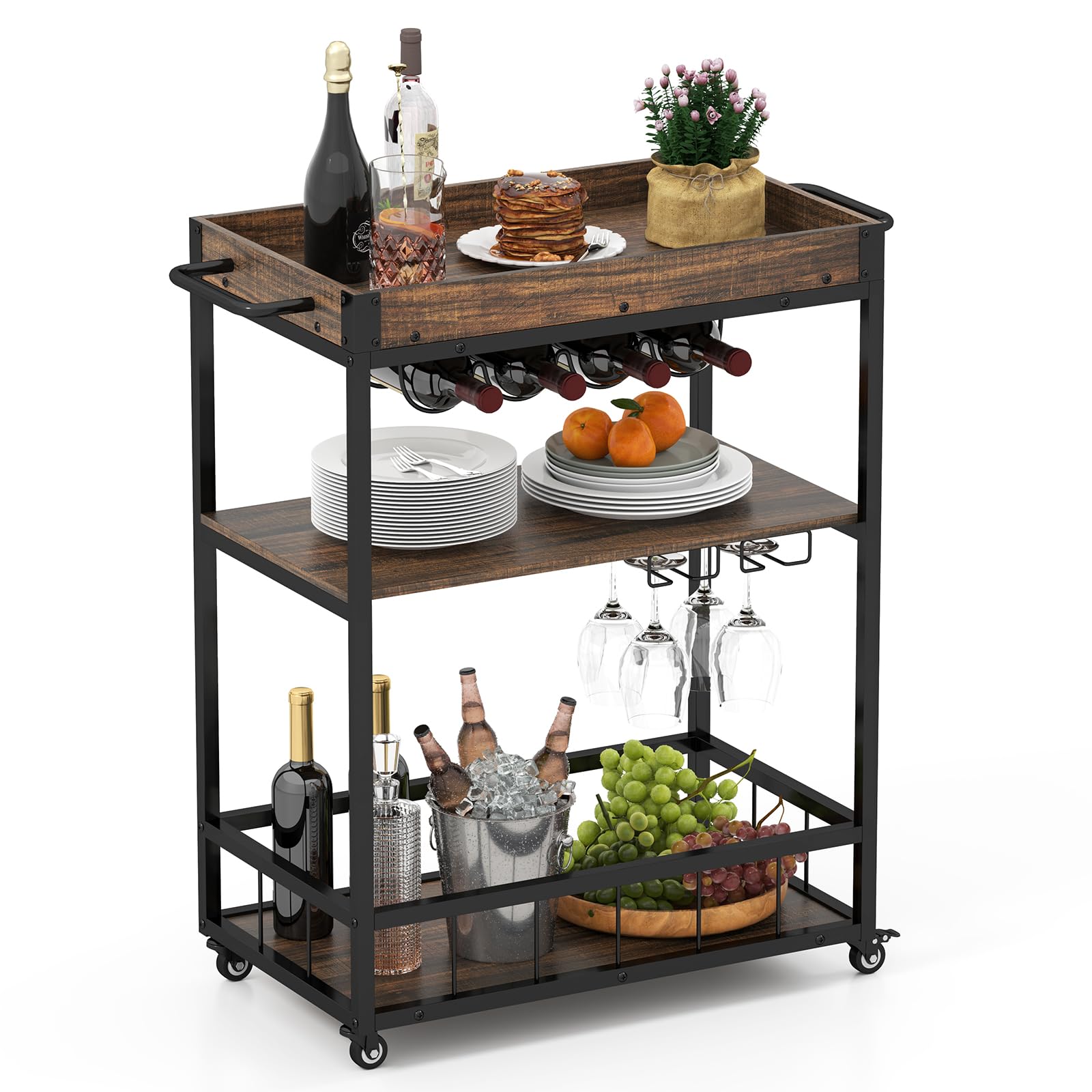 GIANTEX Carrello Bar con Ruote Bloccabili, 3 Livelli, Vassoio Rimovibile, Armadietto per Vino e Portabicchieri, 84x40x90 cm, Marrone