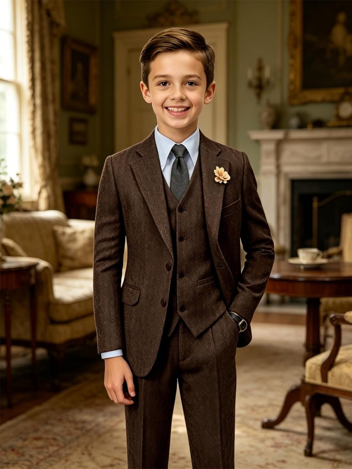 Retro Herringbone Tweed Boys Suit Slim Fit 3 Piece Wedding Suits for Kids