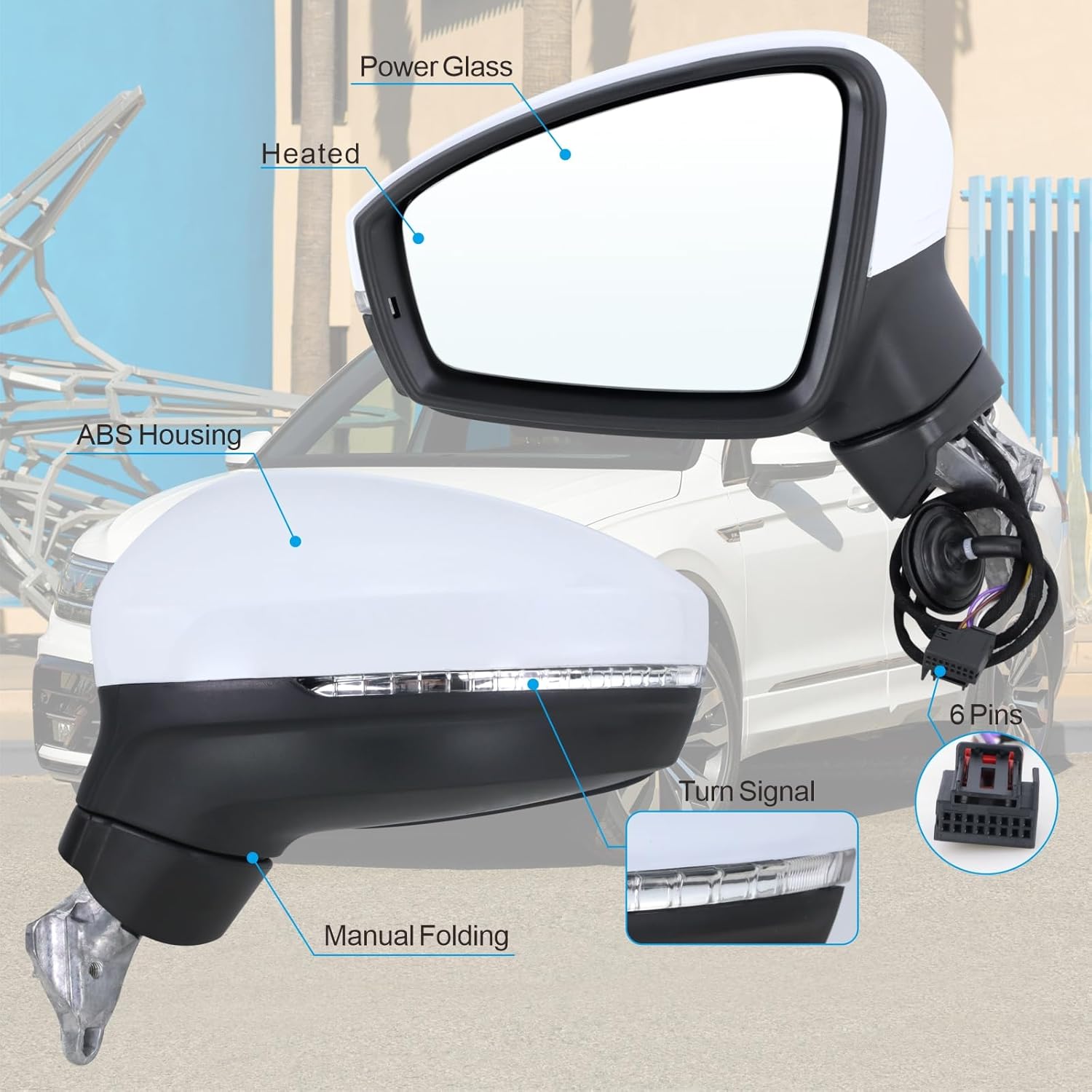 Left Driver Side Mirror Compatible With 2018 2019 2020 2021 2022 2023 2024 2025 VW Tiguan With Manual Folding Power Glass Heated Turn Signal Light White Replace#5NN857507R9B9(6Pins) L White