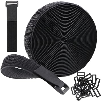 Hook and Loop Cable Straps 1" x 16.5 Ft with 24 Buckles Adjustable Fastening Reusable Nylon Securing Cord Cinch Strap Ties Free Cut for Cable Management RV Workshop DIY Black
