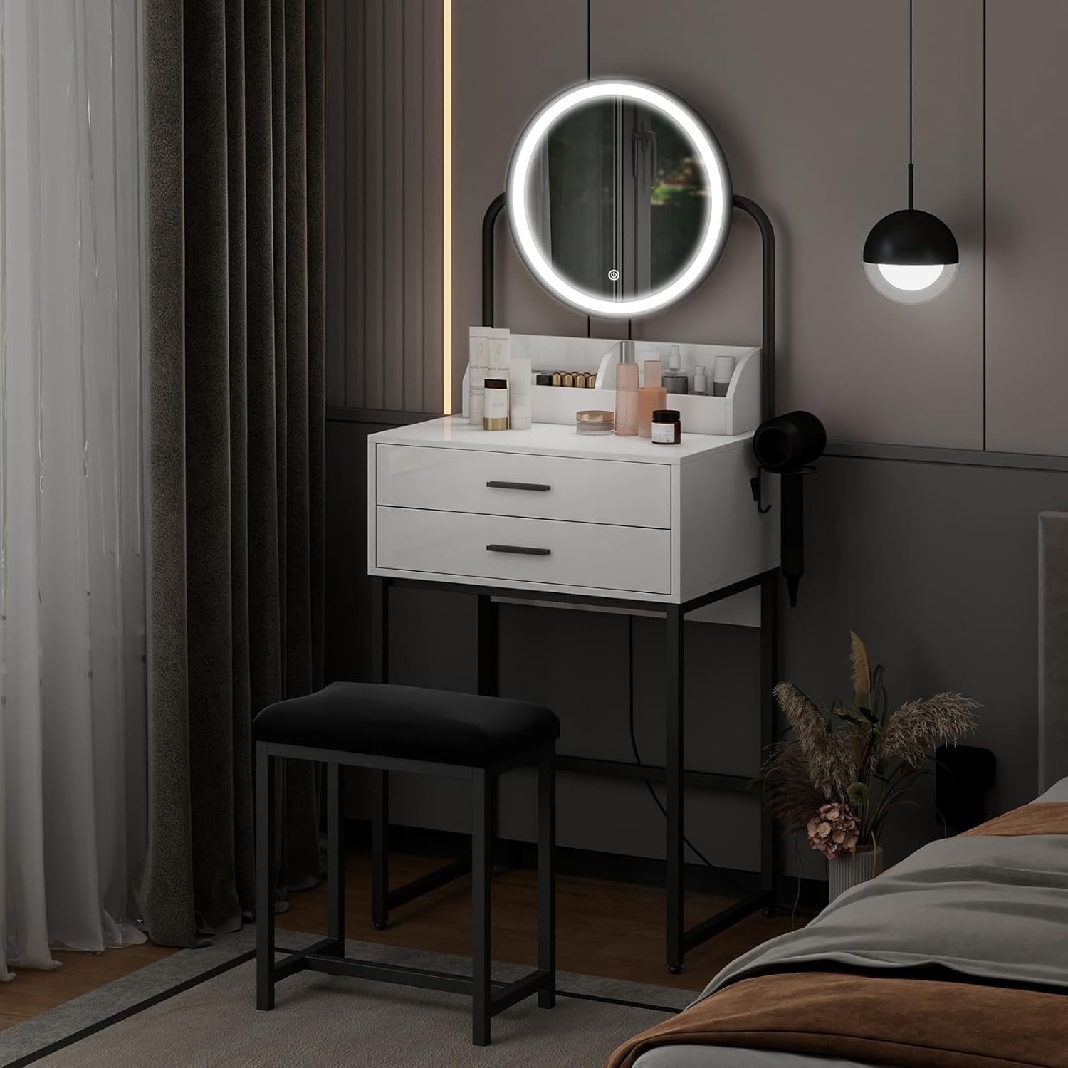 YU YUSING Toeletta Trucco con Sgabello Comodo, Scrivania Trucco con Specchio con Luce, Tavolo da Trucco con 2 Cassetti e 2 Ripiani, Set Toeletta Moderno per Camera da Letto, Bianco e Nero
