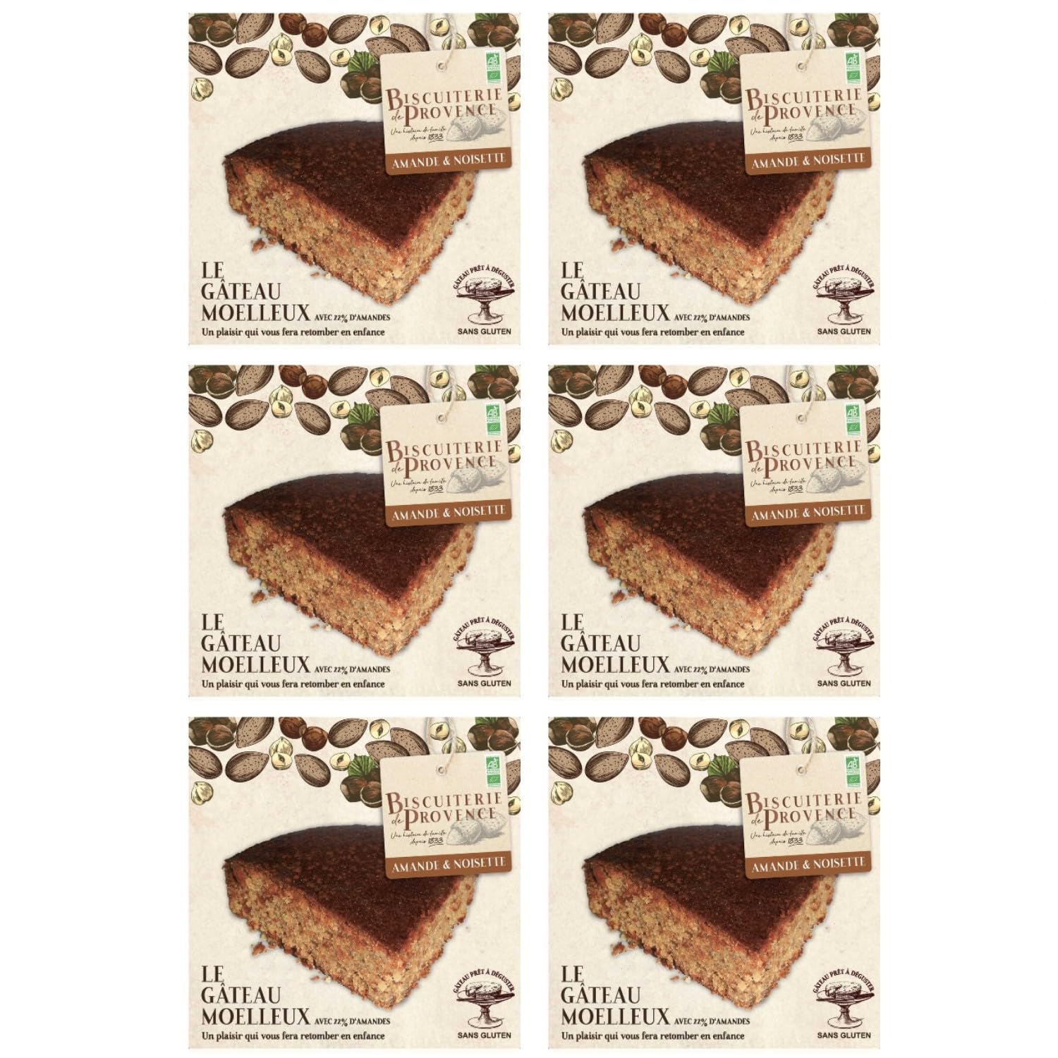 Biscuiterie de Provence Mandelkuchen mit Haselnüssen BIO Kuchen Süßgebäck Glutenfrei Frankreich inkl. FeinWert E-Book (6 x 225g)