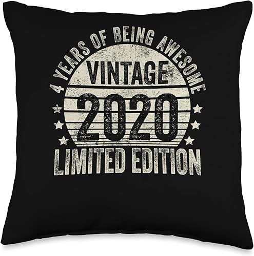 4 Year Old Vintage 2020 Limited Edition Bday Retro 4th Birthday Gifts Girls Boys Throw Pillow, 16x16, Multicolor