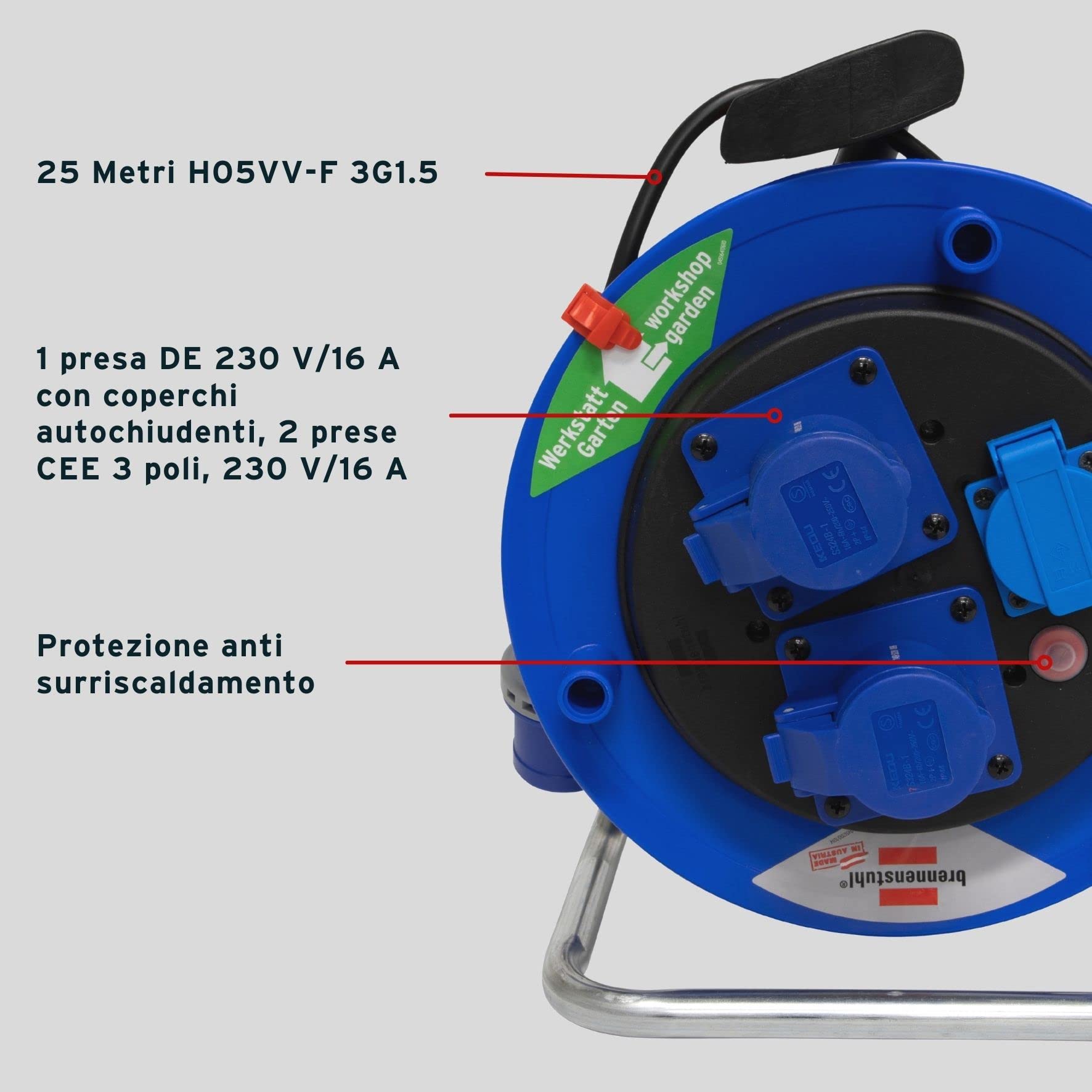 Brennenstuhl Verlengkabel 25 meter met professionele kabelhaspel | CEE-stekker 3-polig, 230 V / 16 A, 1 geaarde stopcontact en 2 CEE-stopcontacten 3-polig 230 V/16 A, zelfsluitend, serie Brennenstuhl
