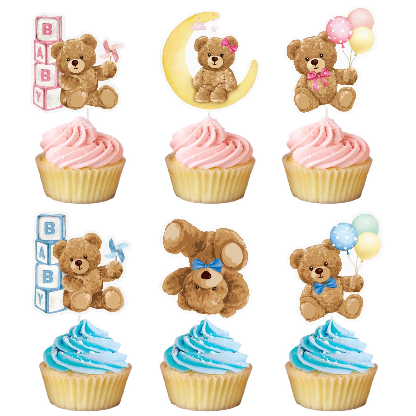 Gyufise 24 Topper Per Cupcake Rivelazione Genere - Papillon Rosa E Blu Con Glitter Oro - 5
