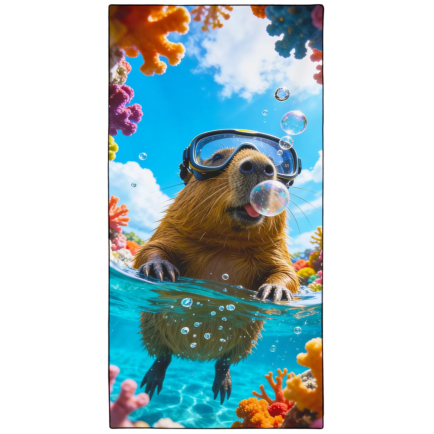 Violetpos Snorkeling Capybara Beach Towel, Extra Large 180x90 cm 250GSM Microfibre, Sand Free Quick Dry, Ideal Vacation Gifts with Carry Bag for Pool Cruise Camping