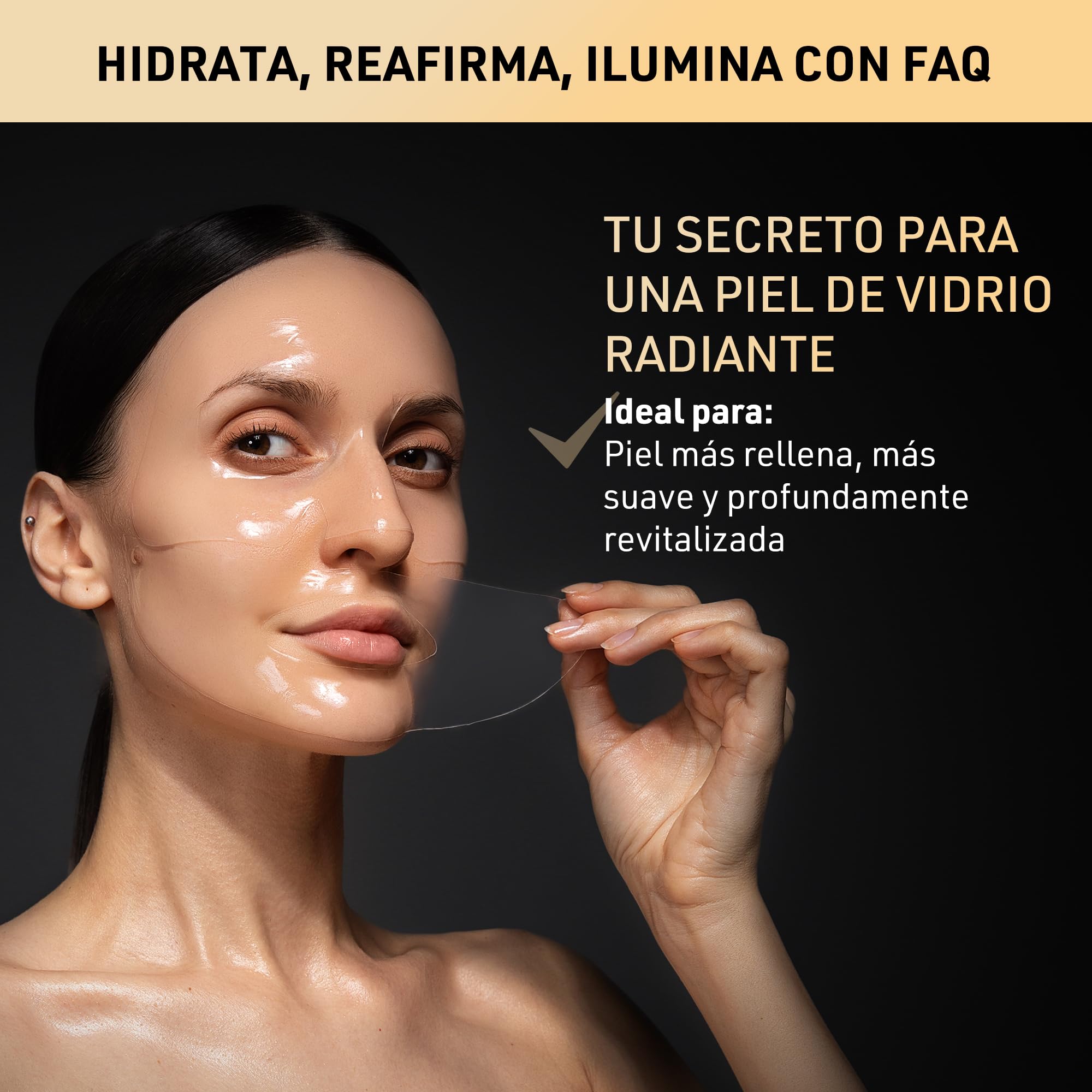 FAQ mascarilla facial Glass Skin con colágeno - Reafirmante e hidratante | Mascarilla hidrogel, Péptidos, Edelweiss, Compatible con LED, Efecto glass skin, Minimiza poros, Todo tipo de piel