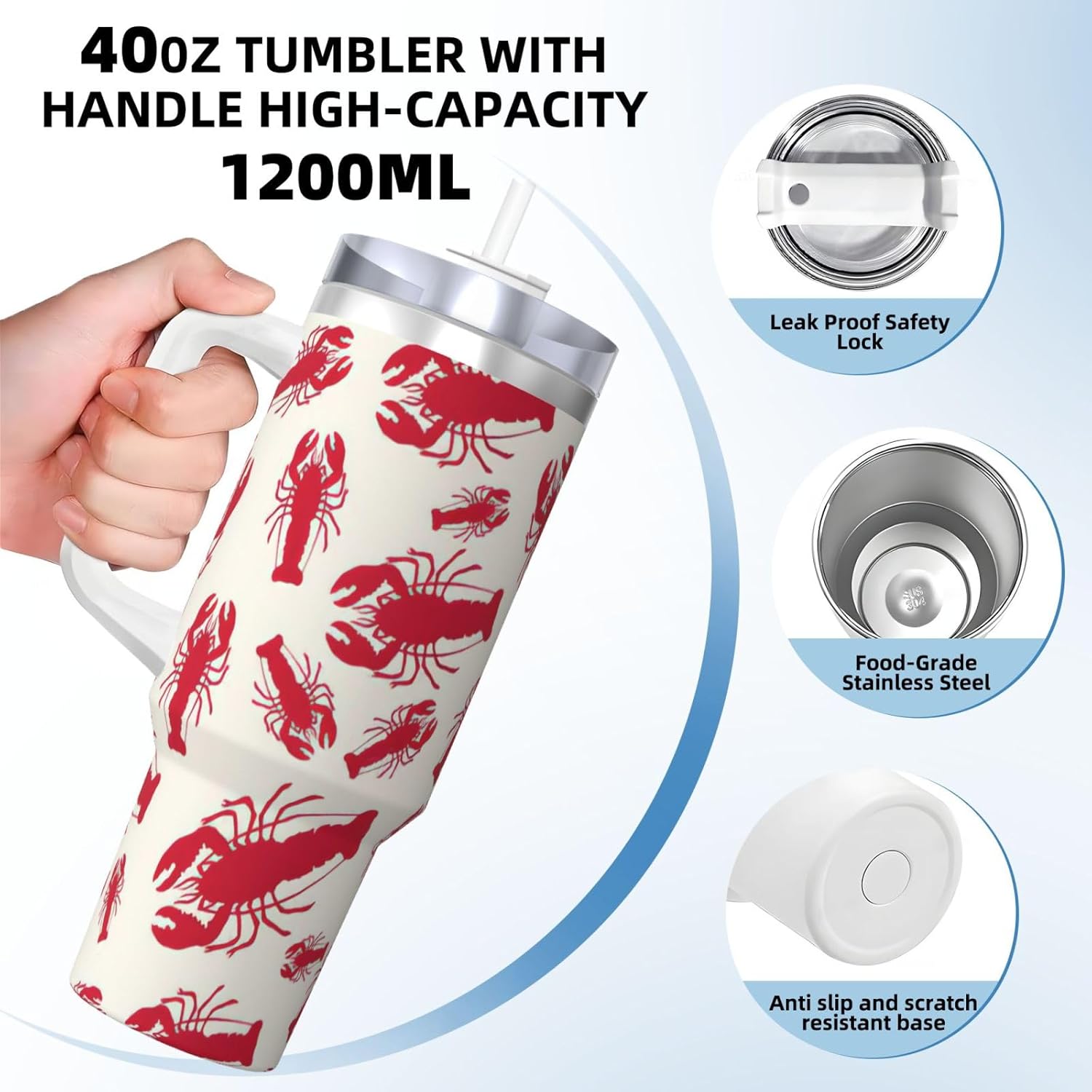 40 OZ Red Lobster Print Ice Bully Cup with Handle Straw Lid Straw,Stainless Steel Tumbler Coffee Cup