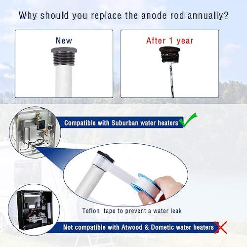 Miniatura 5 de Maypott Kit de varilla de ánodo para calentador de agua RV y varilla de descarga, 9.25 pulgadas de largo x 34 pulgadas NPT varilla de magnesio para