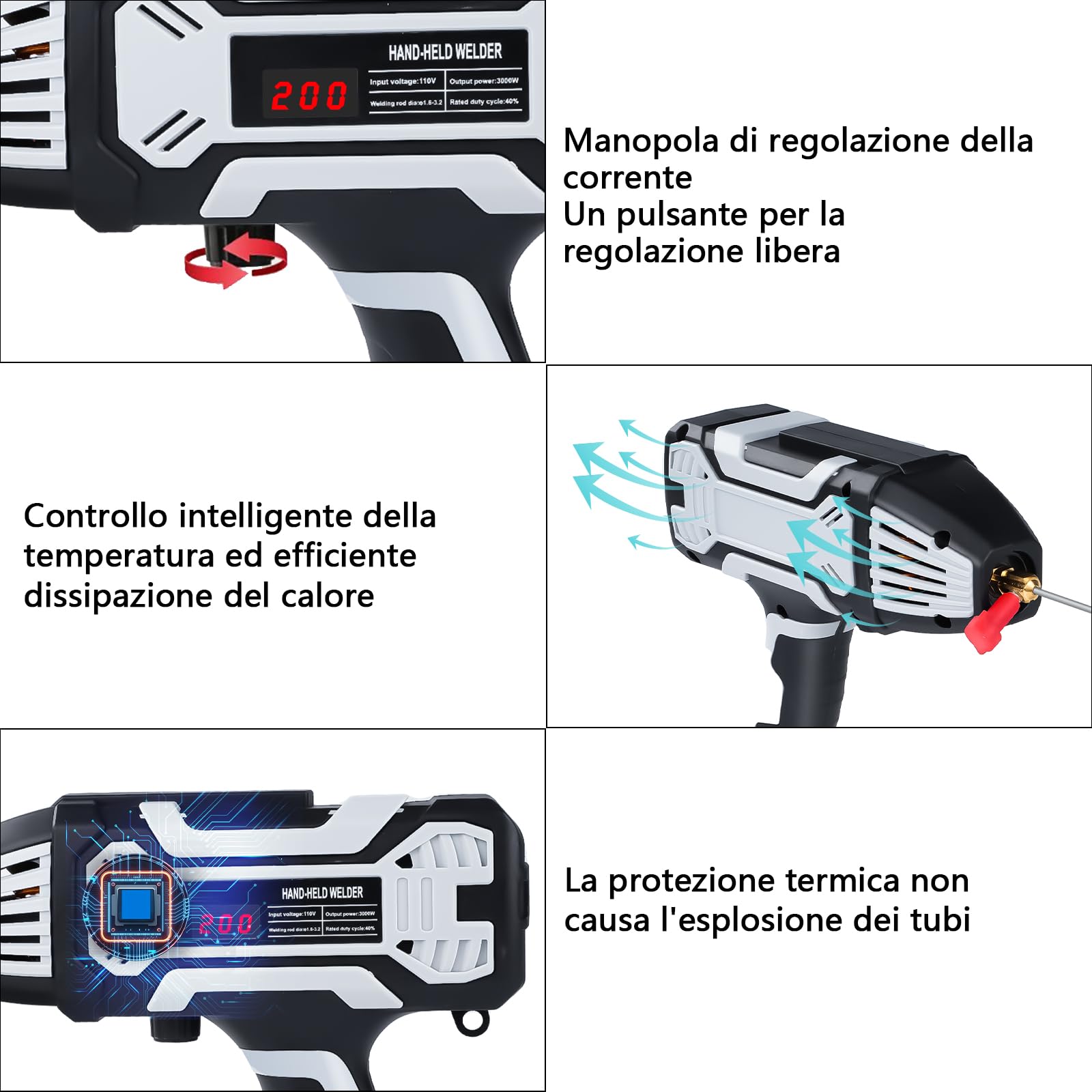 Saldatrice Portatile, 200A Saldatrice a Elettrodo con Inverter IGBT, Saldatore ad Arco per Barre di Saldatura 1,6 mm - 3,2 mm, Salda Facilmente Acciaio Ferro Acciaio Al Carbonio Leghe