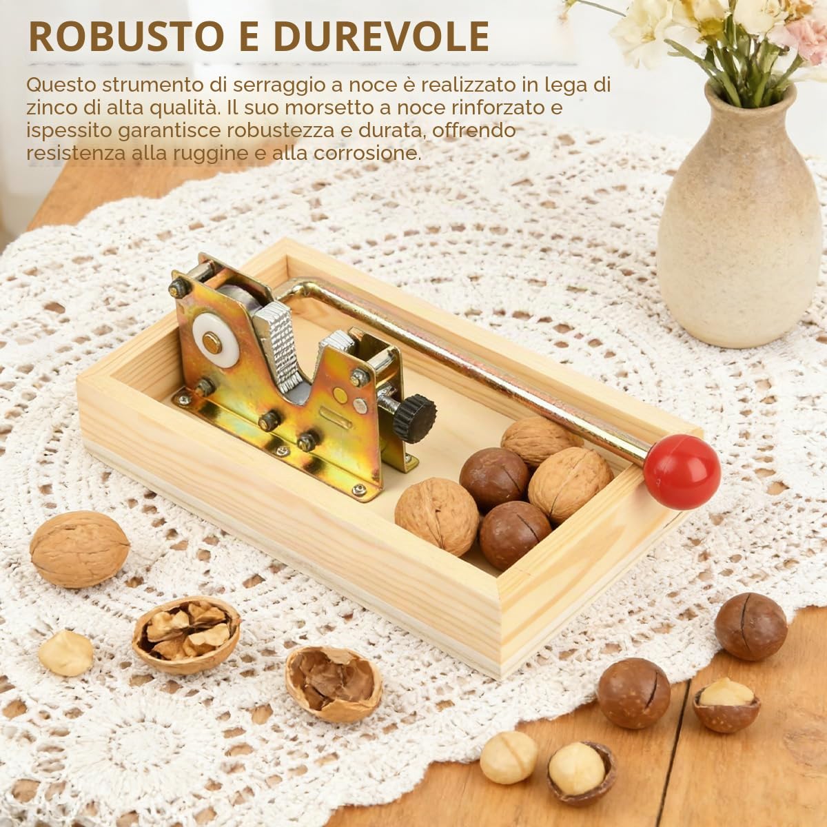 OctBird Schiaccia Noci e Mandorle Nut Sheller Tool, Schiaccia Olive in Legno, Schiaccianoci Antiscivolo Acciaio Inox Multifunzione Nut Sheller Tool, con 3 Aghi per Noci e 3 Spazzole