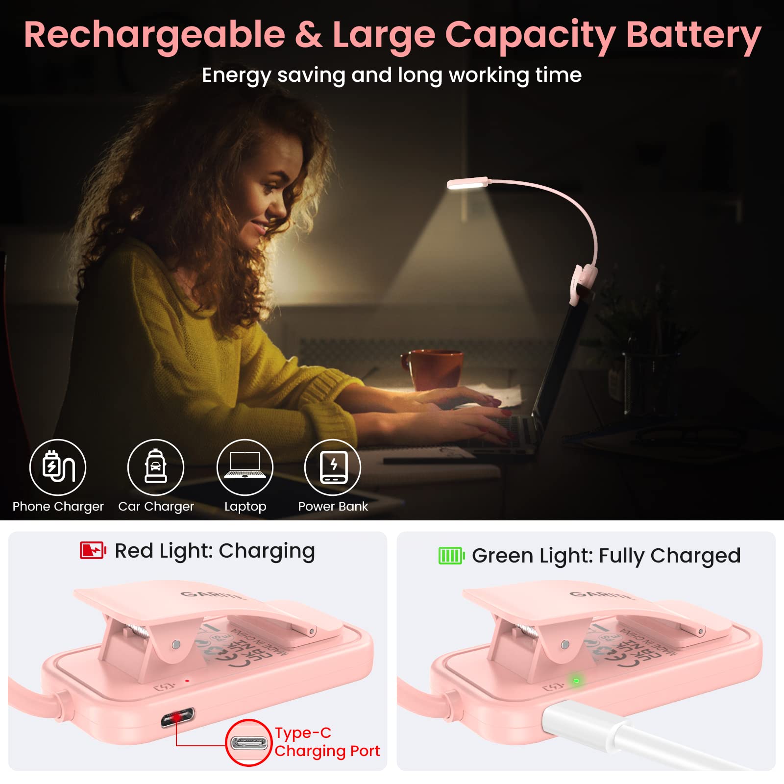 GARITE Luce da Lettura, Lampada da Lettura Ricaricabile USB con 10 LED 3 Modalità Dimmerabile Clip per la Cura Degli Occhi per E-Reader, Studio, Letto, Viaggi, Tablet