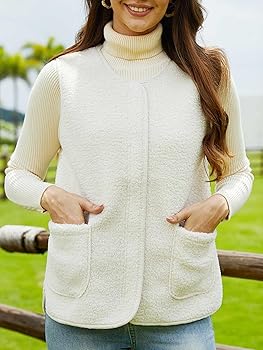 Teddy Weste Damen Lang - Ärmellose Fleeceweste Mit Taschen Für Herbst/Winter