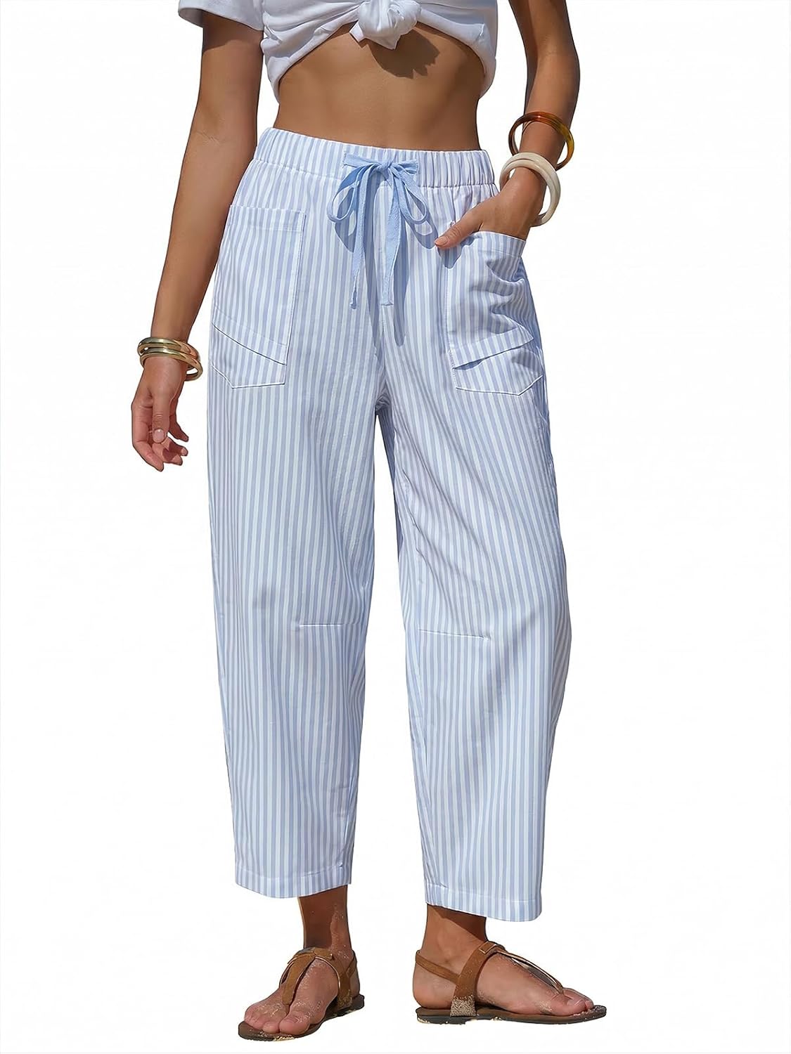 EXLURA Womens Faux Linen Striped Barrel Pants Comfy Drawstring Capri Pant with Pockets Summer Beach Vacation Lounge Trousers
