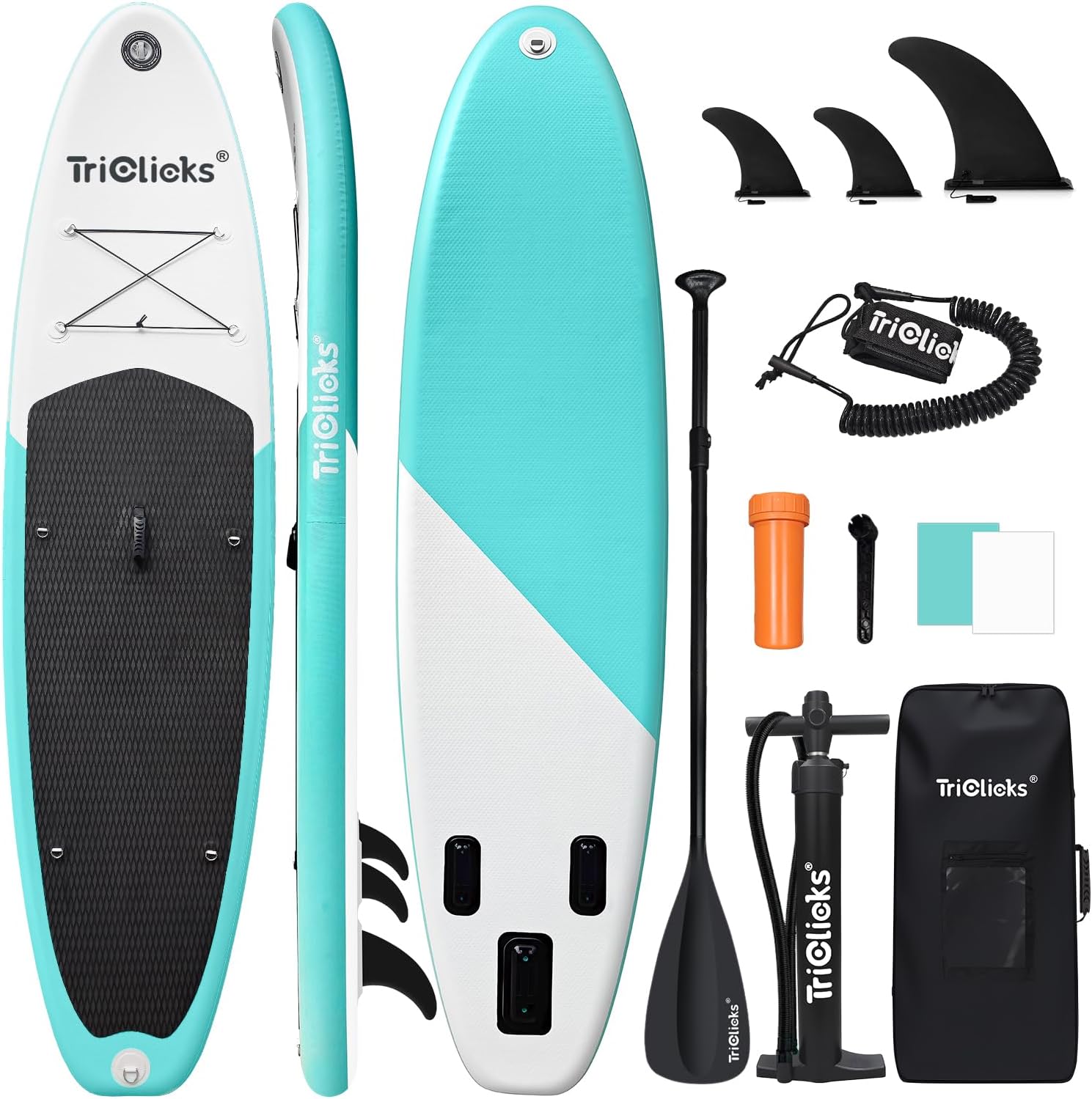 Triclicks SUP Inflatable Stand Up Paddle Board, Paddling Board, Surfboard with Adjustable Paddle, Hand Pump with Pressure Gauge, Leash, Finner, Backpack, 300 x 76 x 15 cm