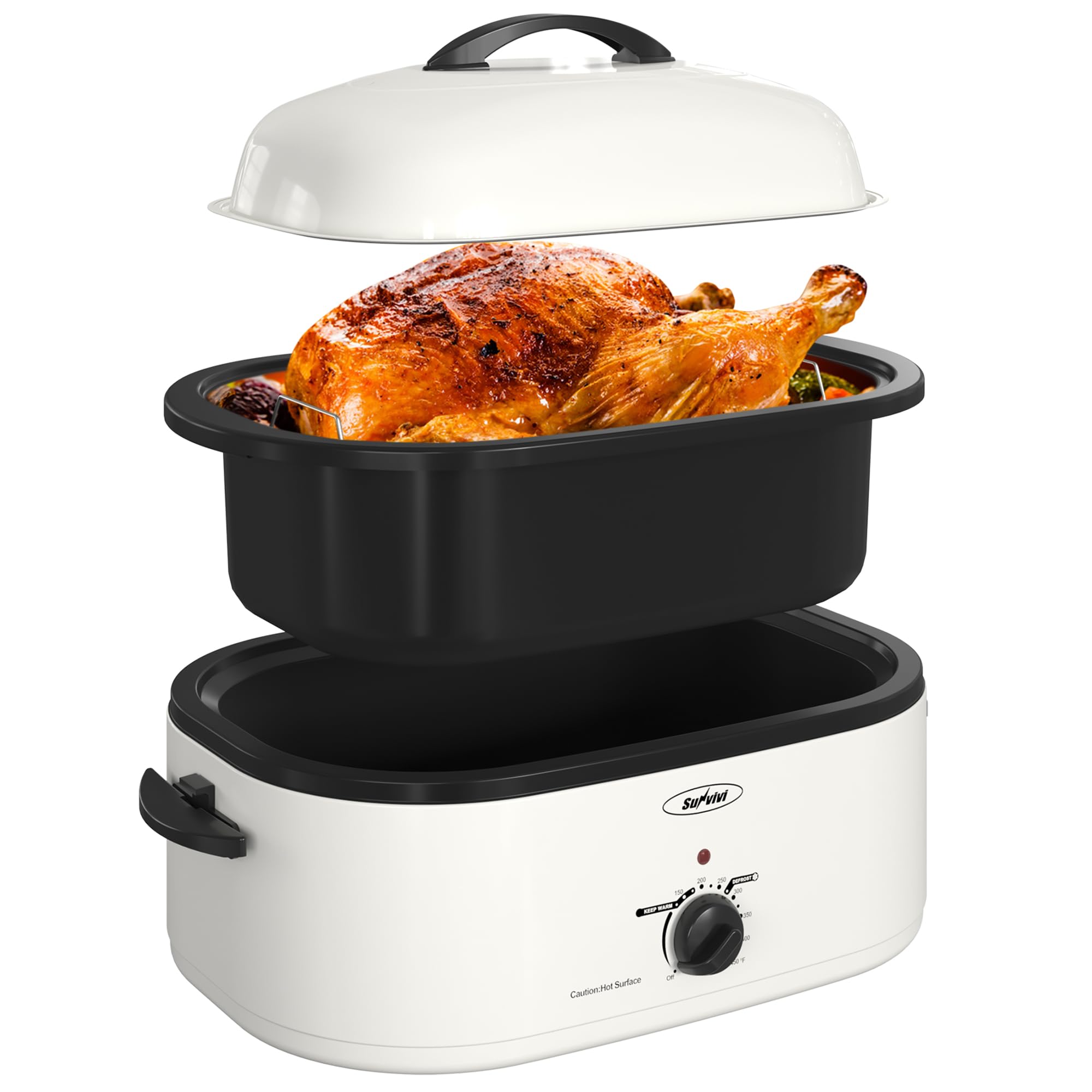 Sunvivi Electric Roaster,20 Quart Roasting Oven with Self-Basting Lid Removable Pan,Turkey Roaster Oven with 150 to 450F Temperature Control Cool-Touch Handles,White