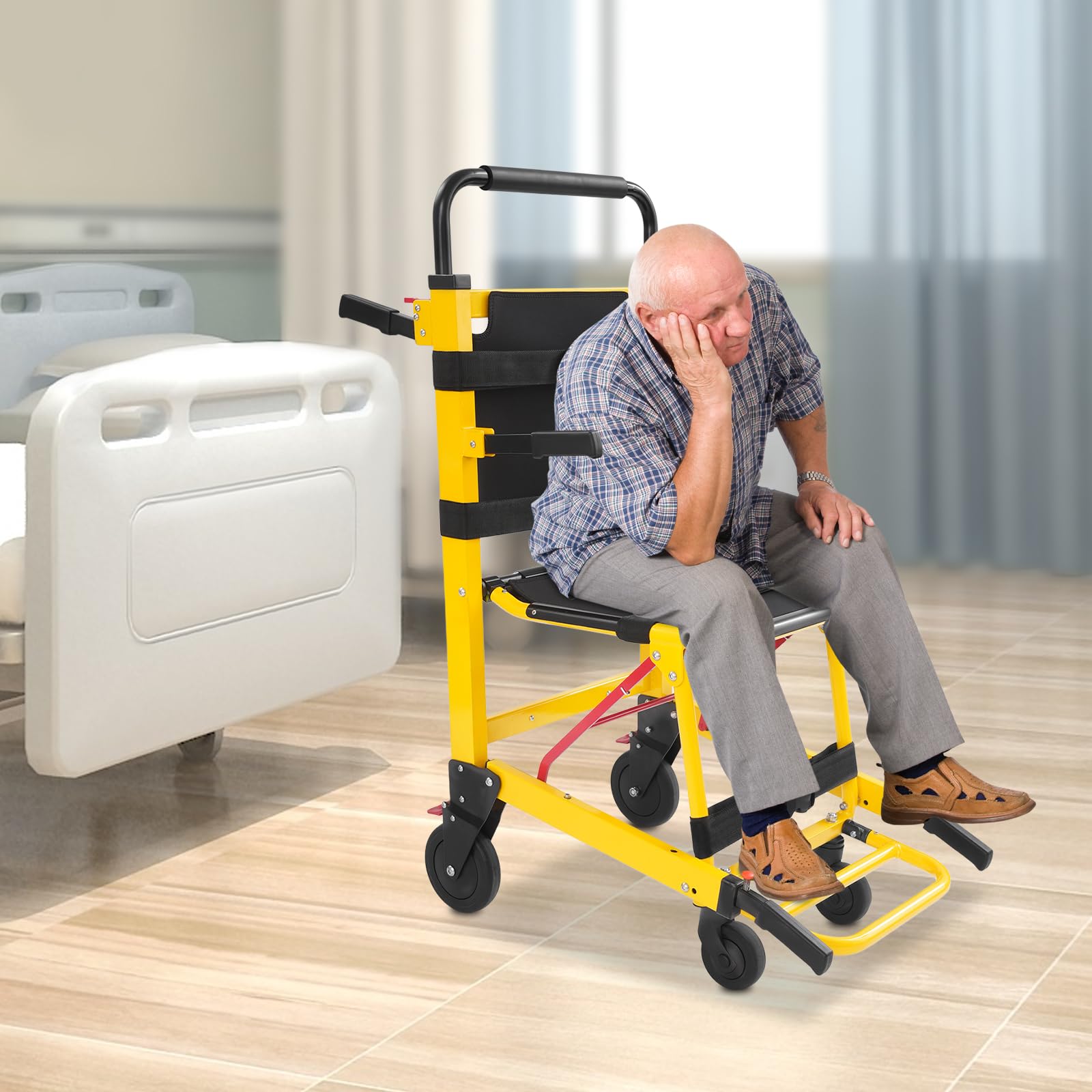 EMS Silla de escalera de aleación de aluminio, silla plegable de 350 libras, silla de evacuación multiusos de 2-4 ruedas para bomberos, silla de escalera manual para personas mayores, discapacitados