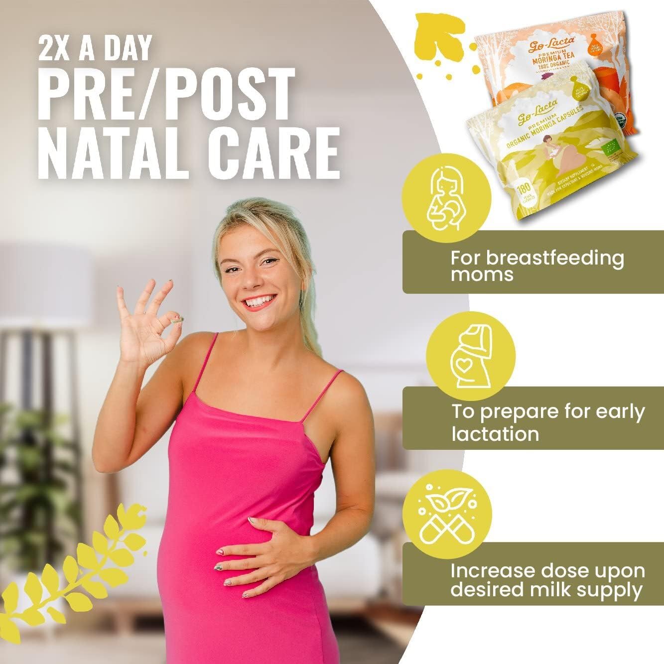 Go-Lacta® Organic Moringa Capsules and Tea Breastfeeding Bundle - 180 Capsules and 16 Tea Bags - Pure Premium Postnatal Vitamins for Breastfeeding Moms - Organic Moringa Tea Bags