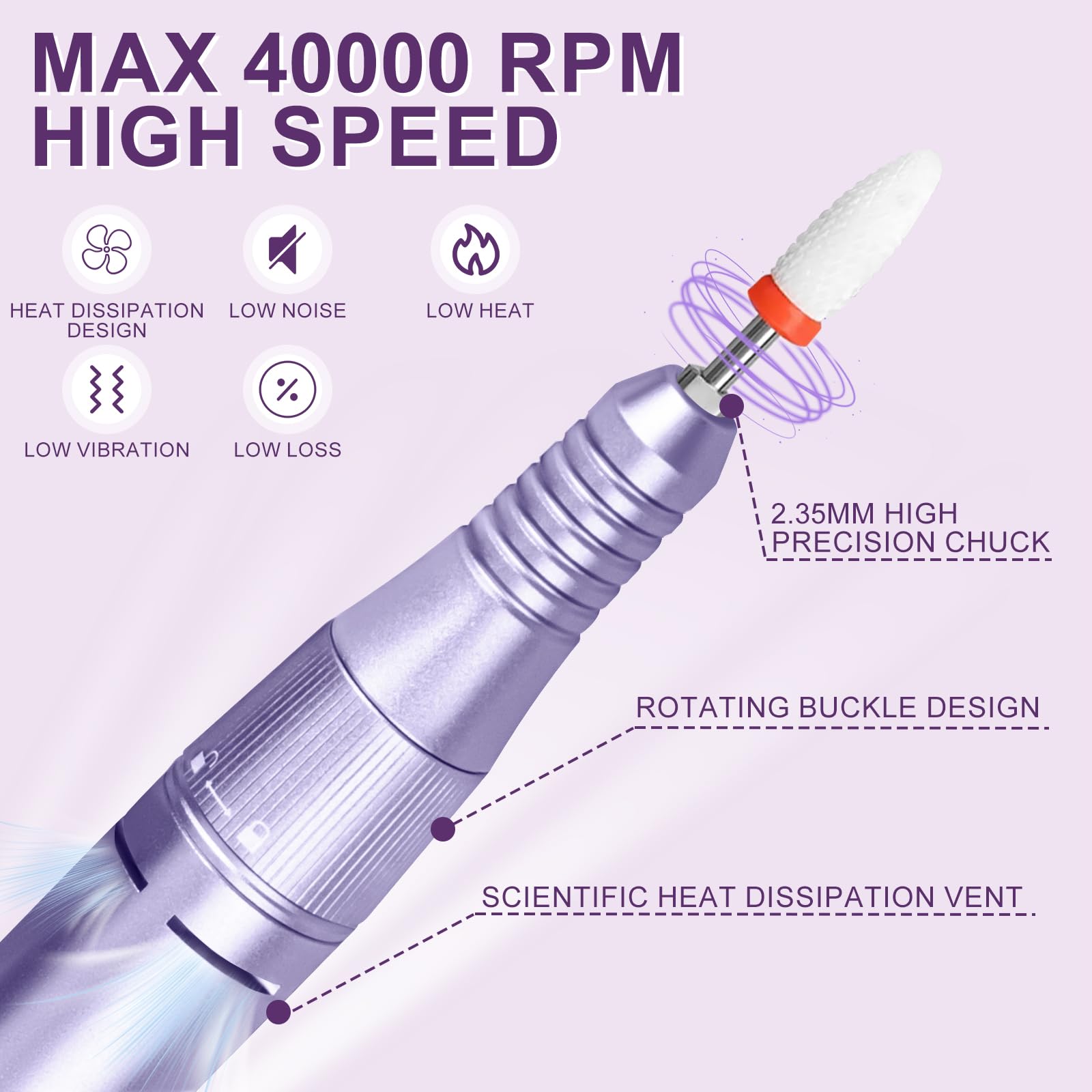 Taladro de uñas profesional 40000 RPM, Urbuti 12 en 1 Lima de uñas eléctrica 4000 mAh con pantalla LCD, velocidad ajustable, silencioso, taladro de manicura portátil para salón/hogar (púrpura)