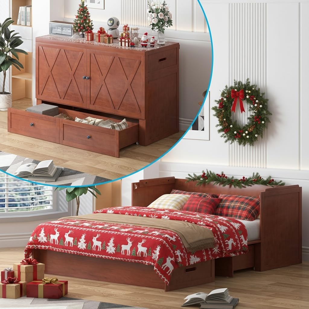 Mjkone Queen Murphy Bed Cabinet, Murphy Cabinets Bed with 2 Storage Drawers & USB Charging Station, Modern Space-Saving Cabinet Beds with Tri-folding Memory Foam Mattress for Guest Room Office, Cherry