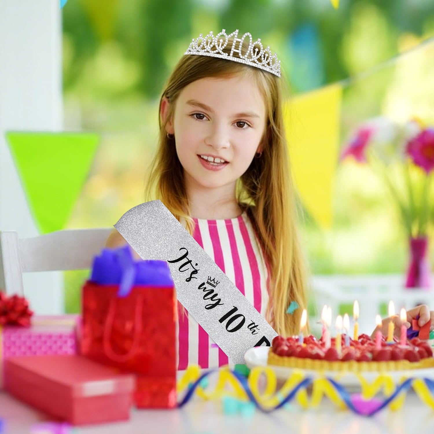 Semato 10th Birthday Decorations for Girl Sash and Crown Kit Silver 10 Year Old Girl Birthday Gifts for Her Party Supplies