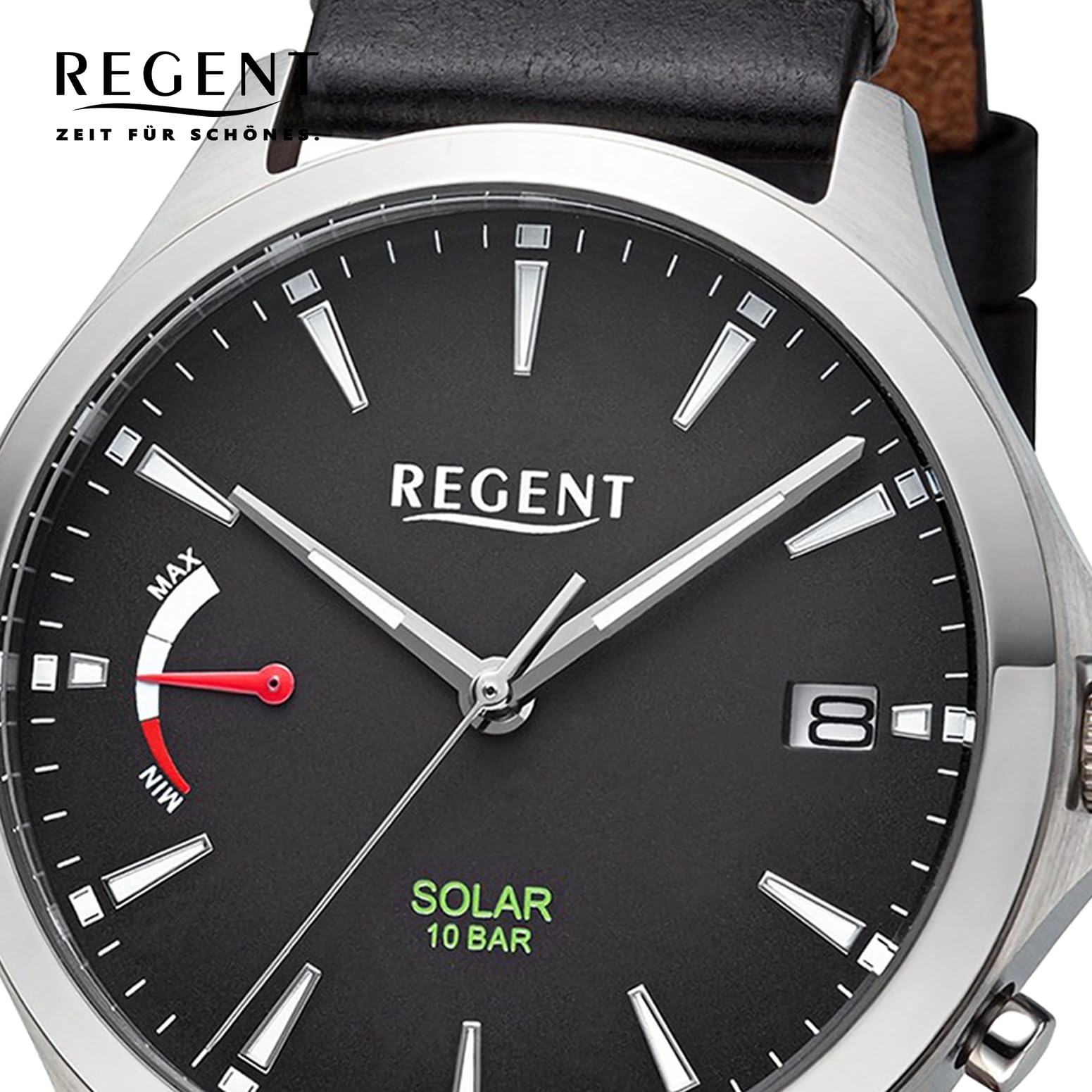 REGENT Herrenuhr Solaruhr mit Lederarmband 41 mm Quarz Analog Schwarz F-1550