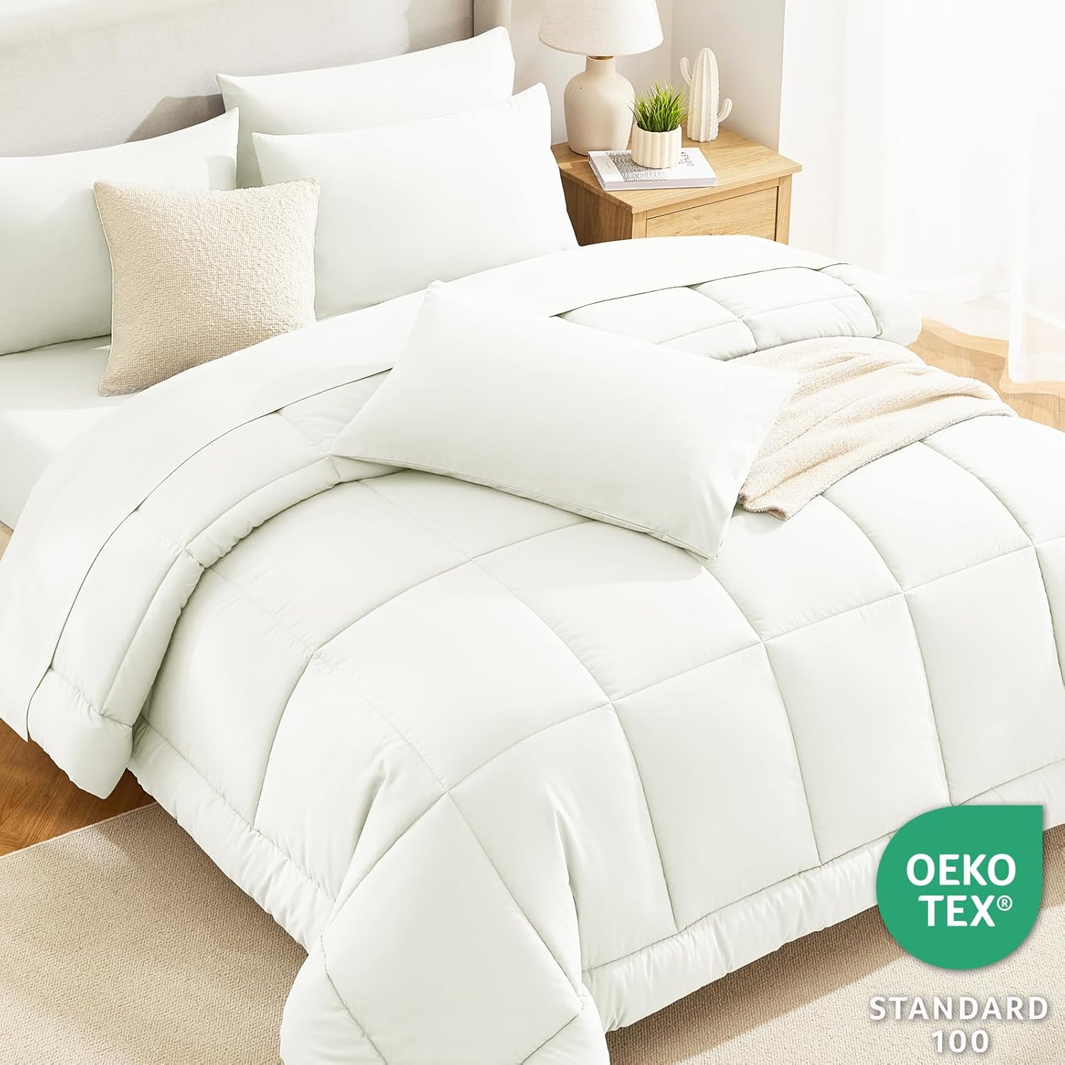 CozyLux Queen Size Comforter Set Ivory - 7 Pieces Bed in a Bag, Cream Off White Comforter Queen Size, Bedding Sets with All Season Quilted Comforter, Flat Sheet, Fitted Sheet, Pillowcases - Image 3