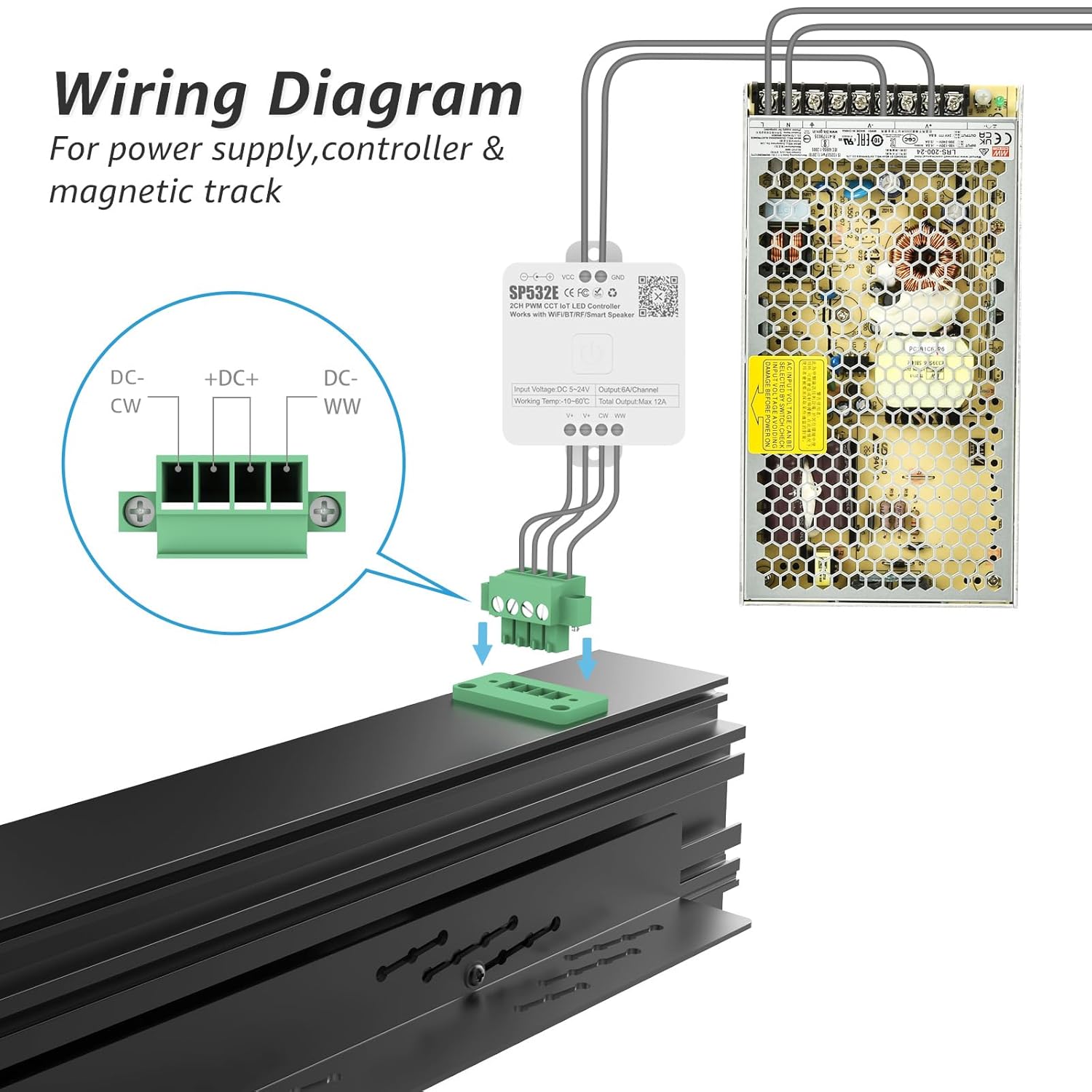200W Low Voltage LED Power Driver Transformer with LED Controller, 24V DC Power Supply for Track Lighting, Dimmable & Control via App, Remote, Compatible with Hengsense Track Rails & Light Heads