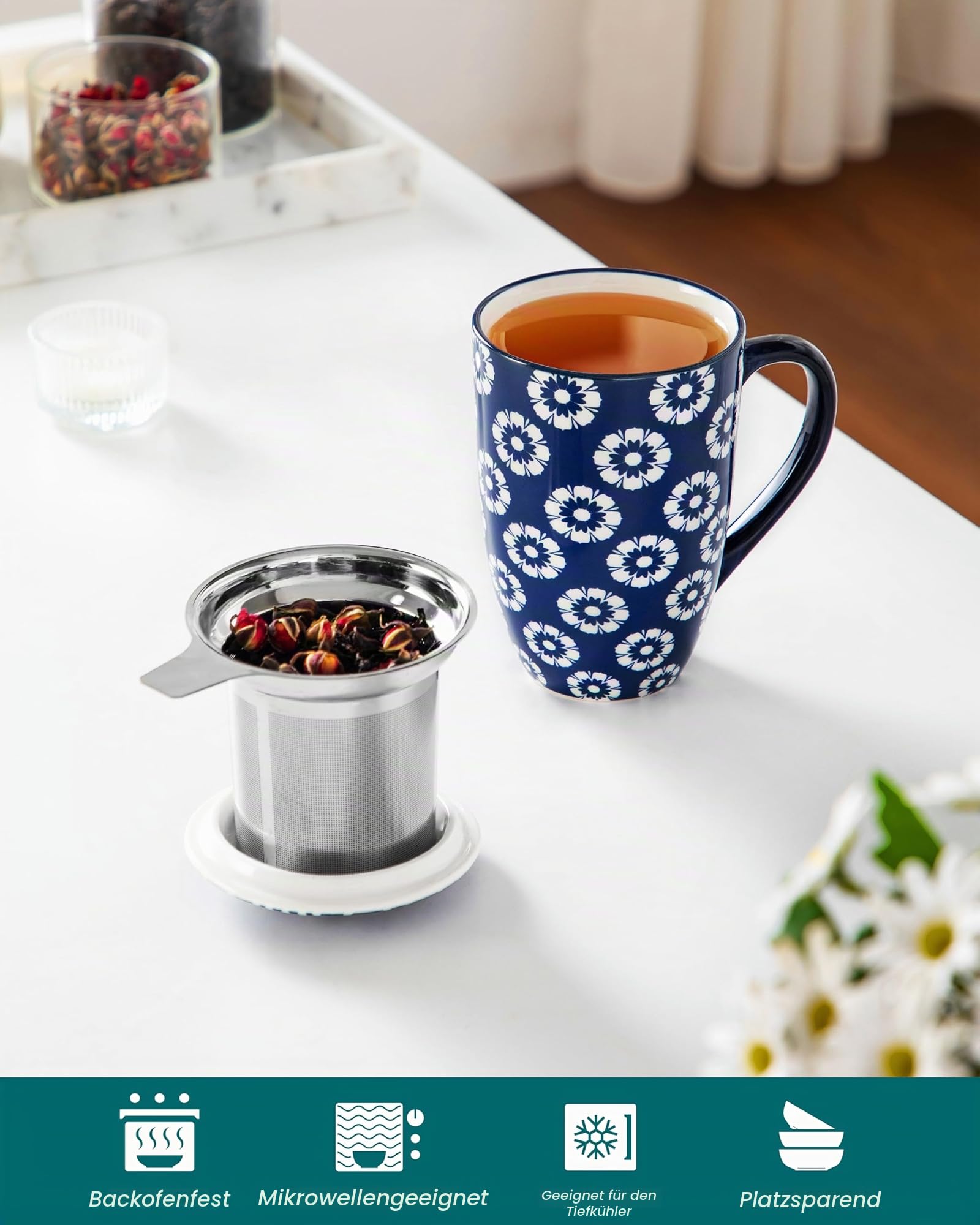 vancasso Teetasse mit Deckel und Sieb, SELENE Teetassen groß porzellan, 540ml Becher Set aus Keramik, Tasse mit Edelstahl Sieb, modernes Teebecher Geschenke Für Teeliebhaber