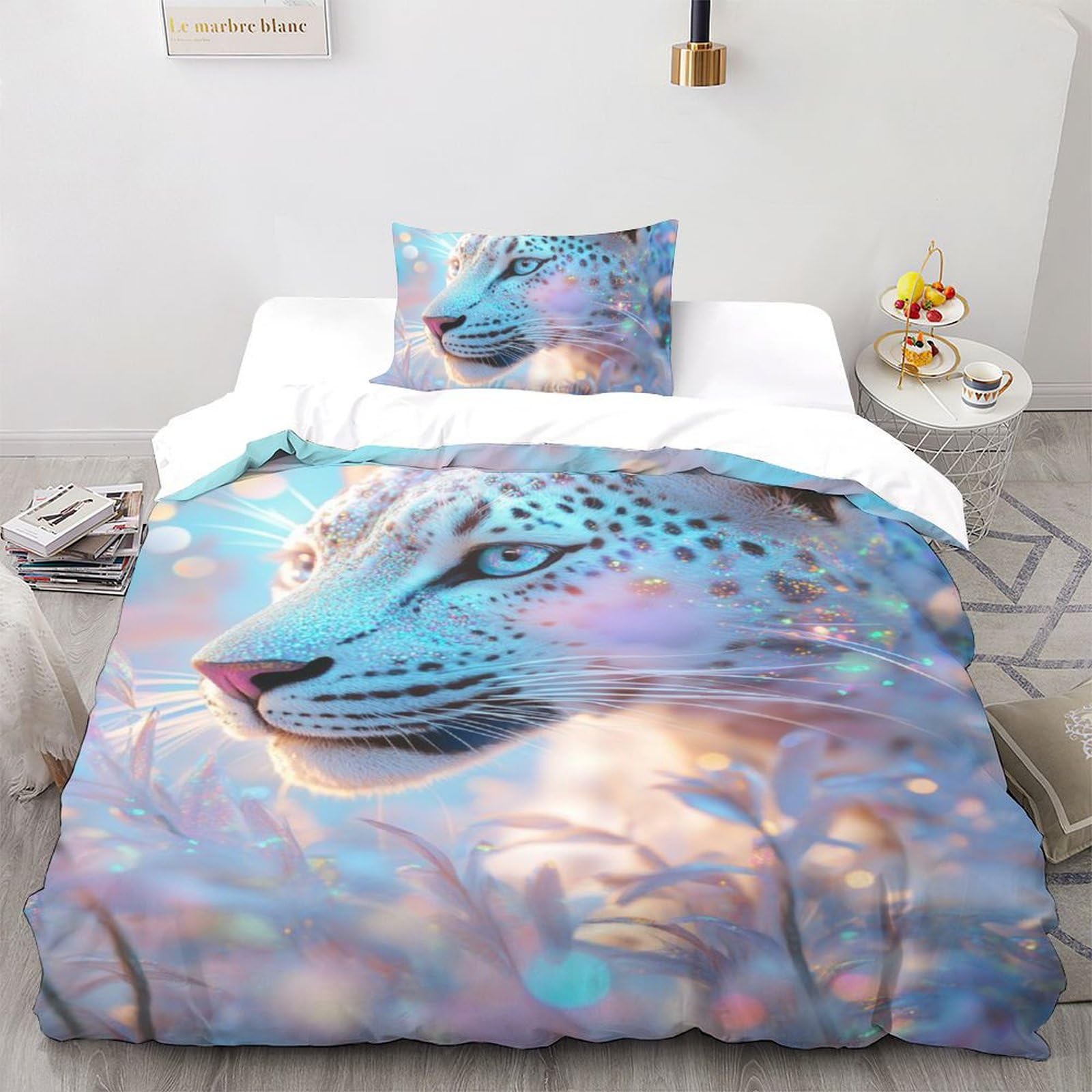 Housse de couette léopard microfibre literie animaux imprimé 3D avec 1 taie d'oreiller 135x200cm