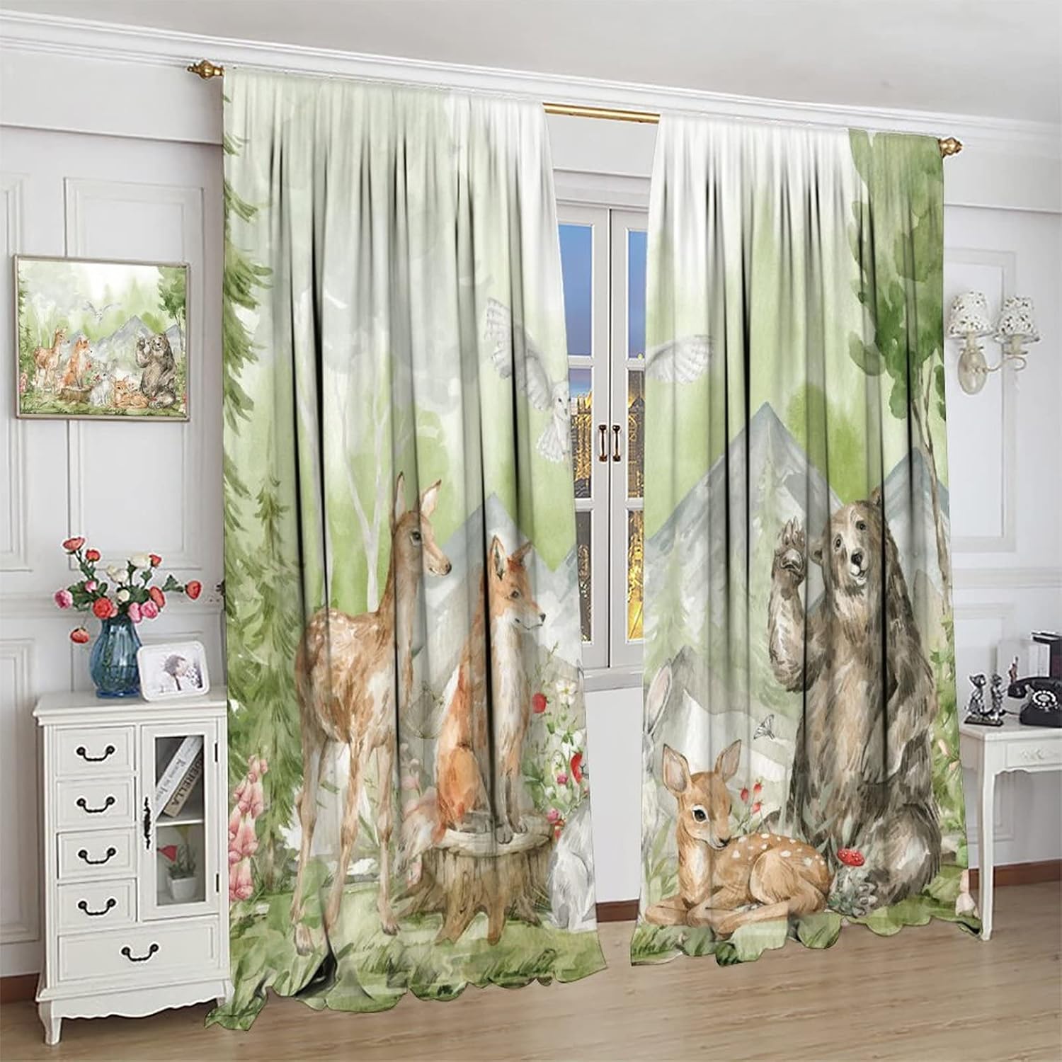 Woodland Animals Forest Print Blackout Curtains for Bedroom - Watercolor Cartoon Bear Deer Fox Cabin Window Drapes,Rod Pocket Room Darkening Curtains 2 Panels 63L x 31.5W