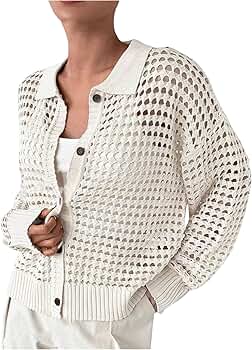 トップス Time is on NEW MIX COLLARED CARDIGAN MakeMeChic Women's Collared Hollow Out Button Down Cardigan