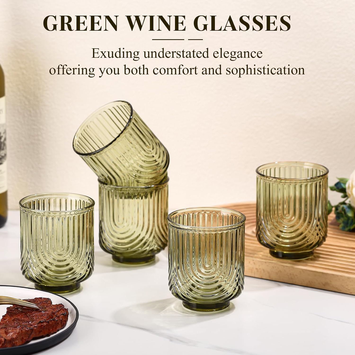 Green Vintage Drinking Glasses Set of 6-15oz Hand-Blown Highball Ribbed Glassware, Arch Design Cocktail Glasses for Whiskey Water Beverages Ice Coffee Juice Milk