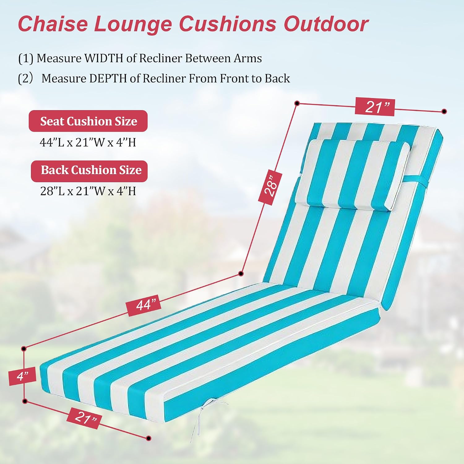 Chaise Lounge Cushions Outdoor 72x21x4 Inch, Patio Lounger Chair Cushion with Removable Cover, Fade Resistant Replacement Pad for Outdoor Furniture (Lake blue and white stripes, 72x21x4 inch)