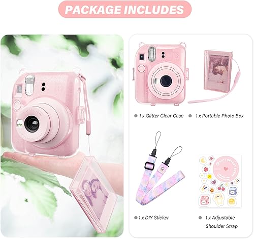 Miniatura 6 de Fuji Mini 12 - Funda rígida de policarbonato transparente para cámara instantánea Instax Mini 12 con calcomanías y soporte para almacenamiento de